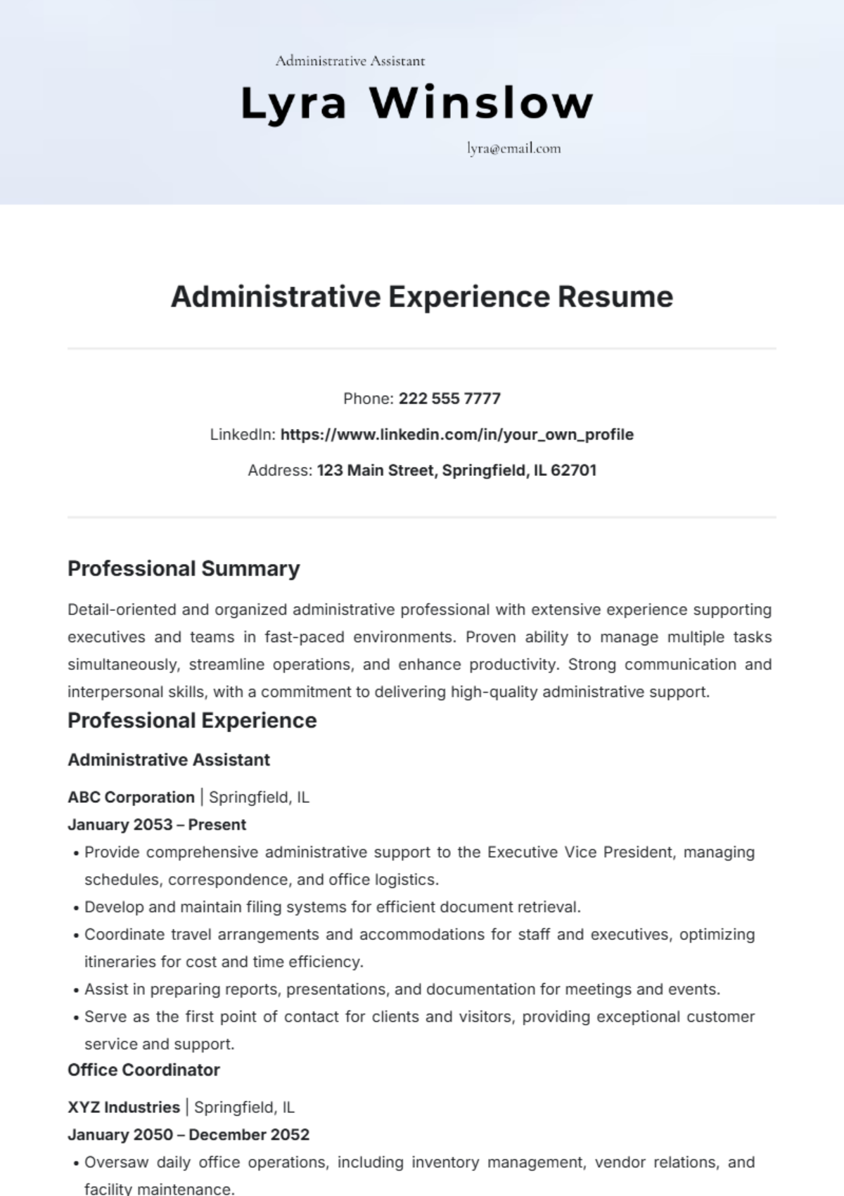 Administrative Experience Resume Template - Edit Online & Download