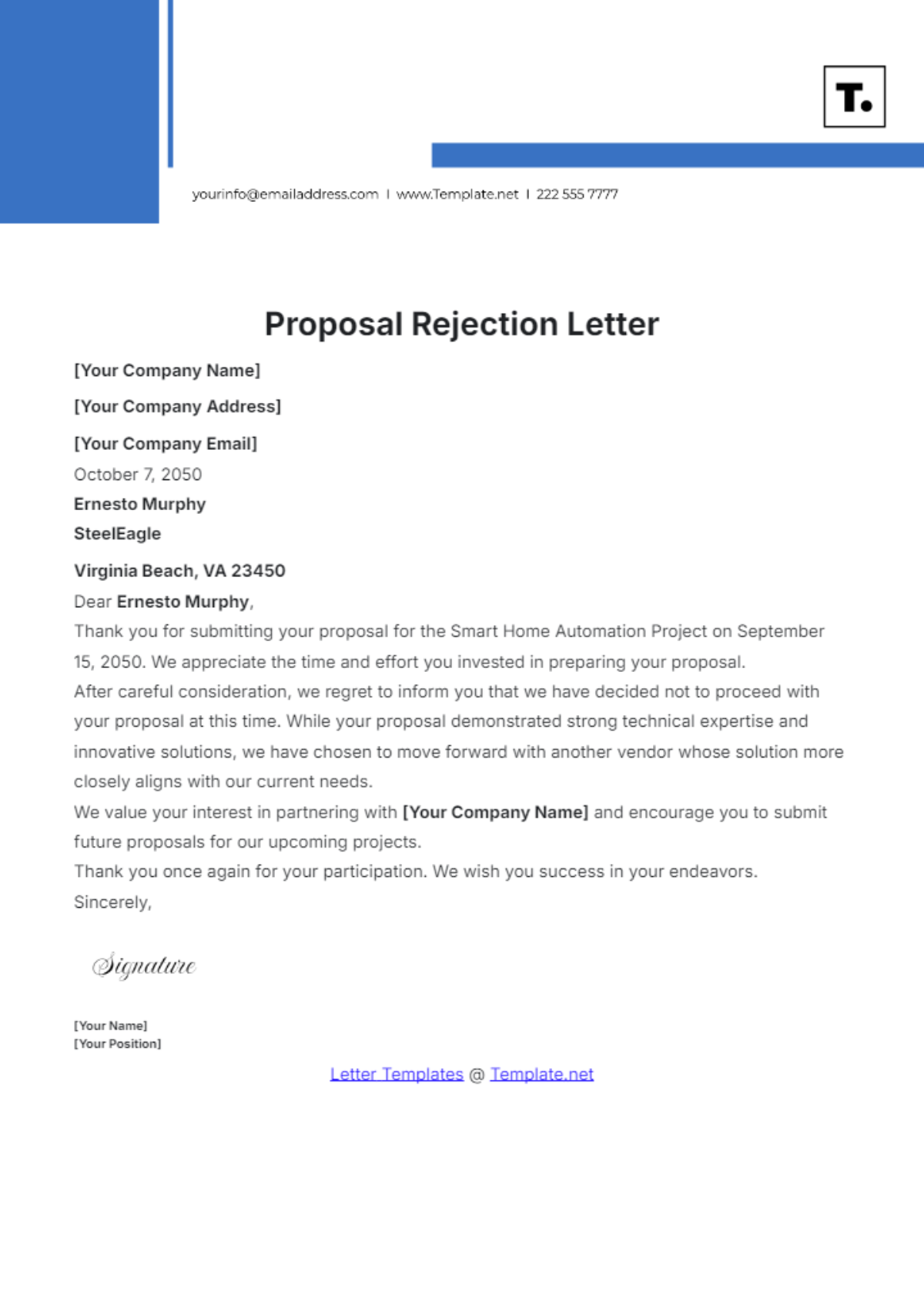 Proposal Rejection Letter Template - Edit Online & Download