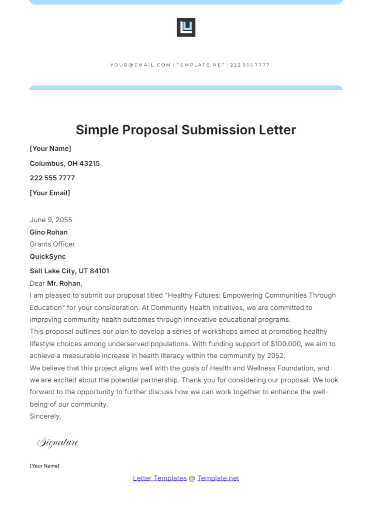 Simple Proposal Submission Letter Template - Edit Online & Download