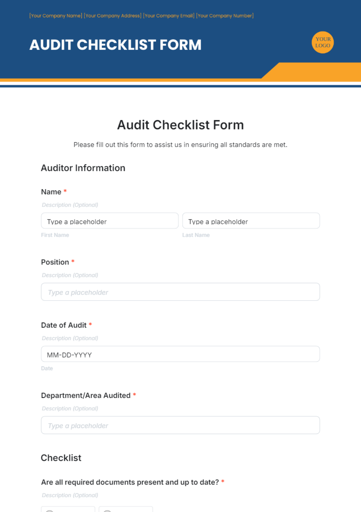 Free Audit Checklist Form Template