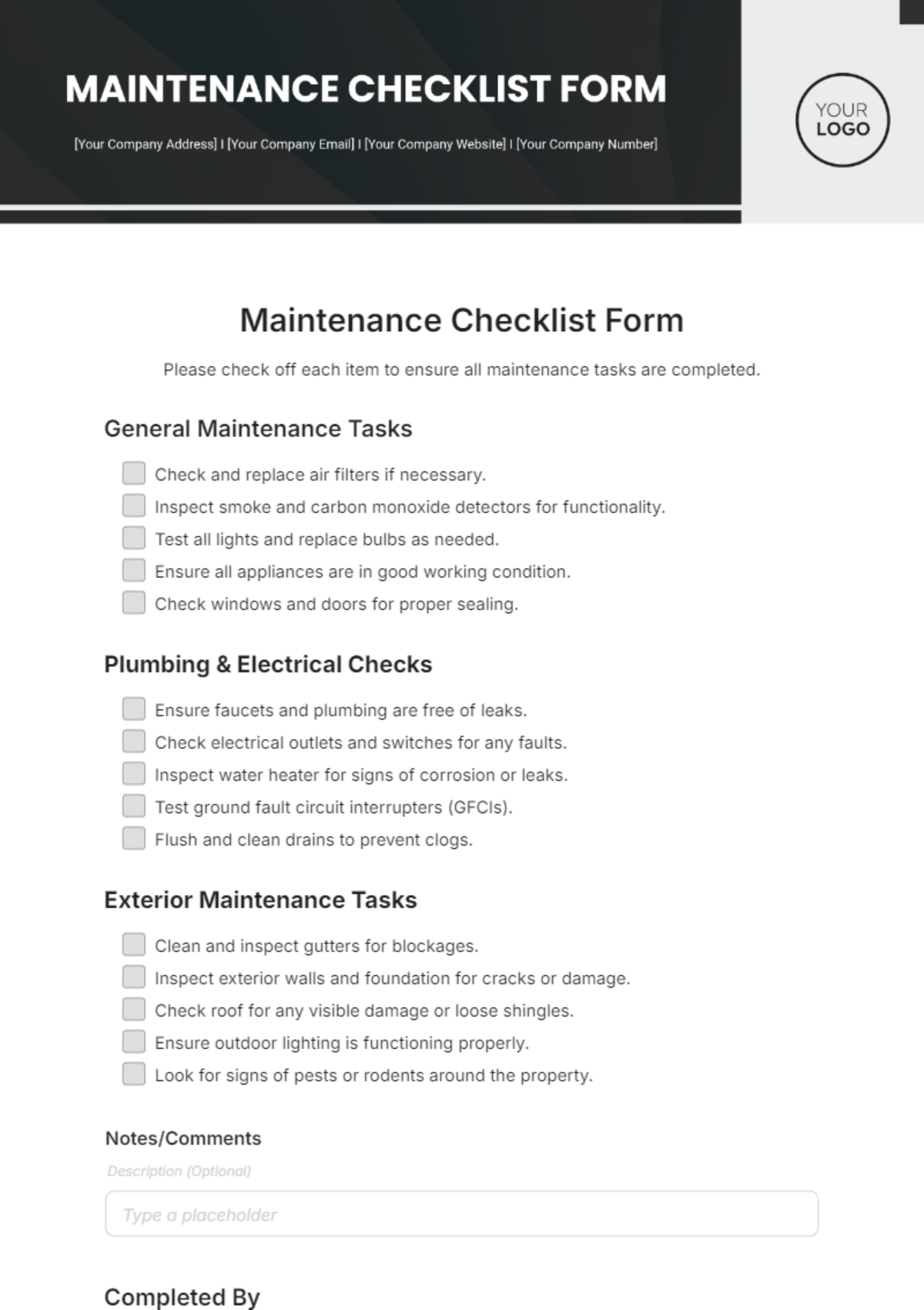 Free Maintenance Checklist Form Template