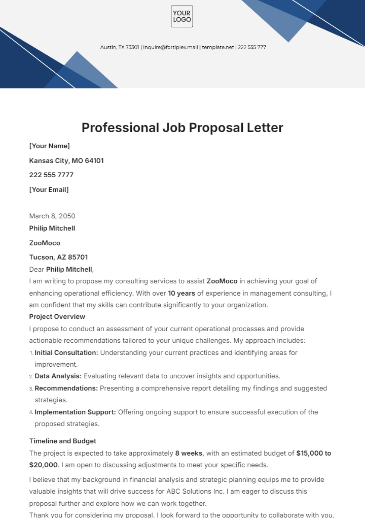 Professional Job Proposal Letter Template - Edit Online & Download