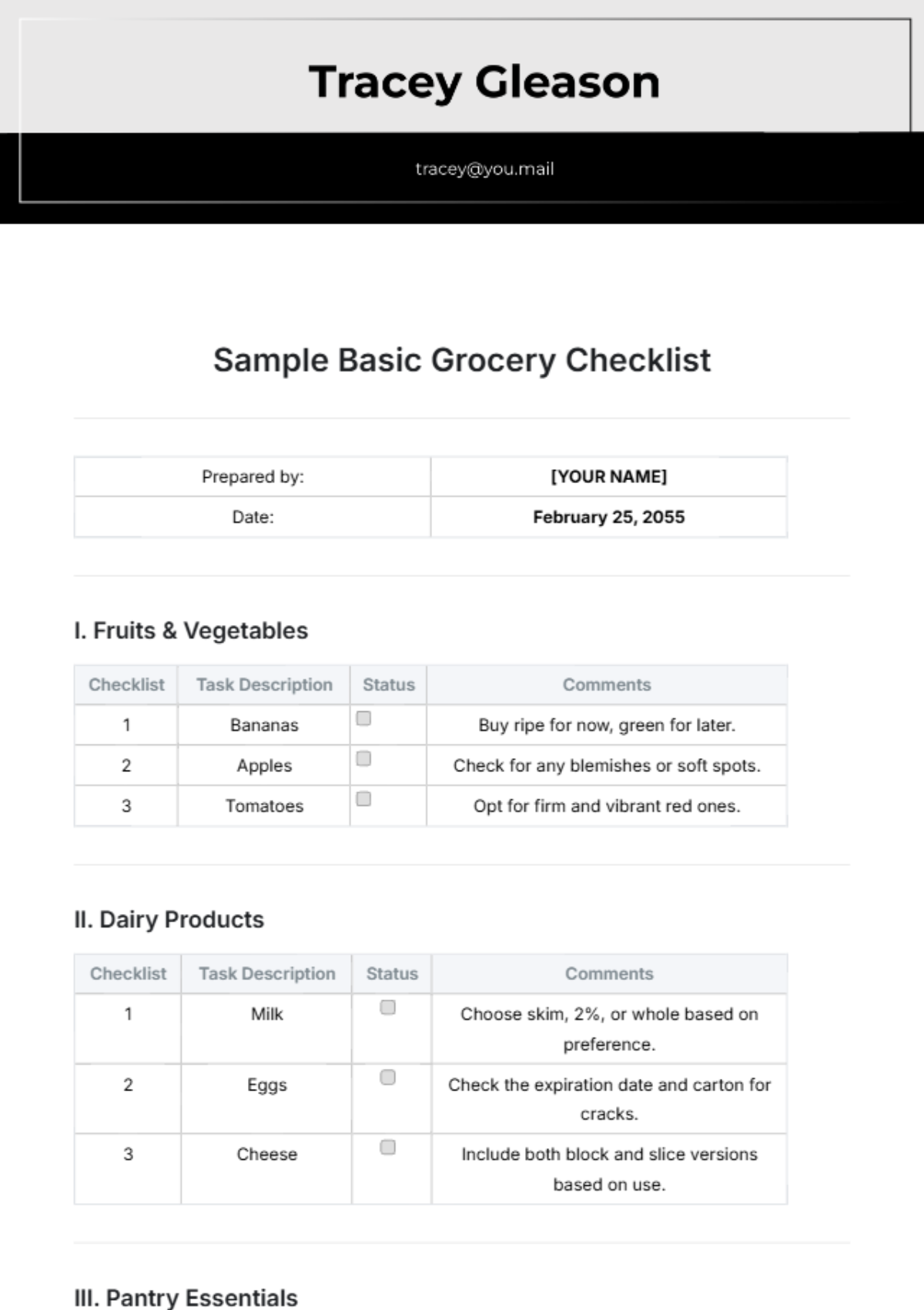 Sample Basic Grocery Checklist Template - Edit Online & Download