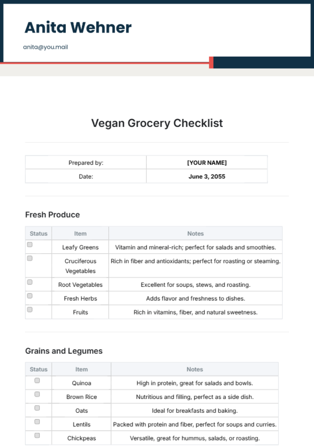 Vegan Grocery Checklist Template - Edit Online & Download