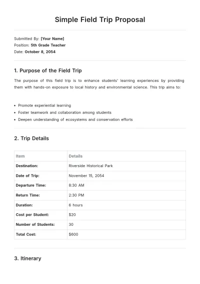 Free Simple Field Trip Proposal Template to Edit Online