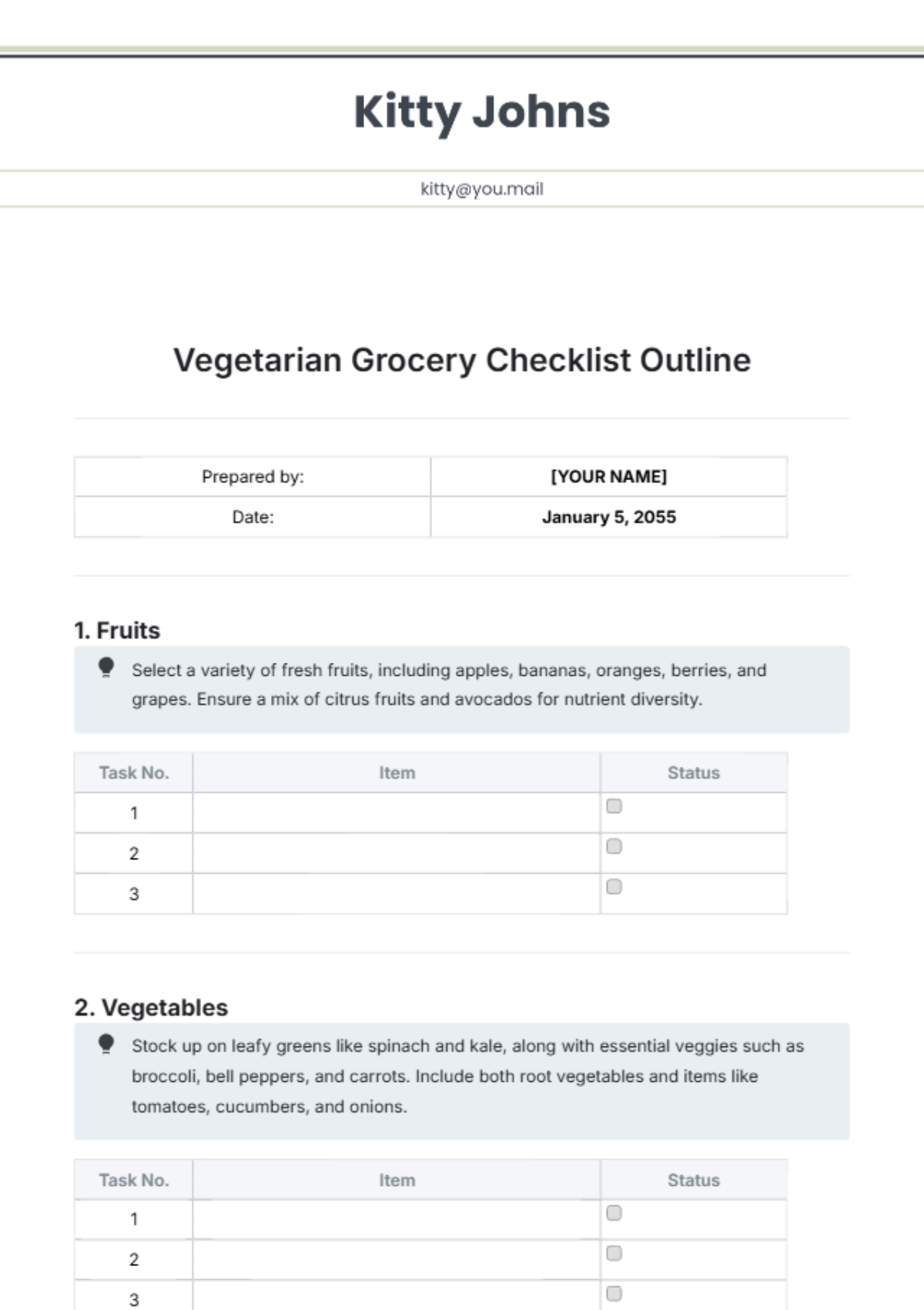 Vegetarian Grocery Checklist Outline Template - Edit Online & Download