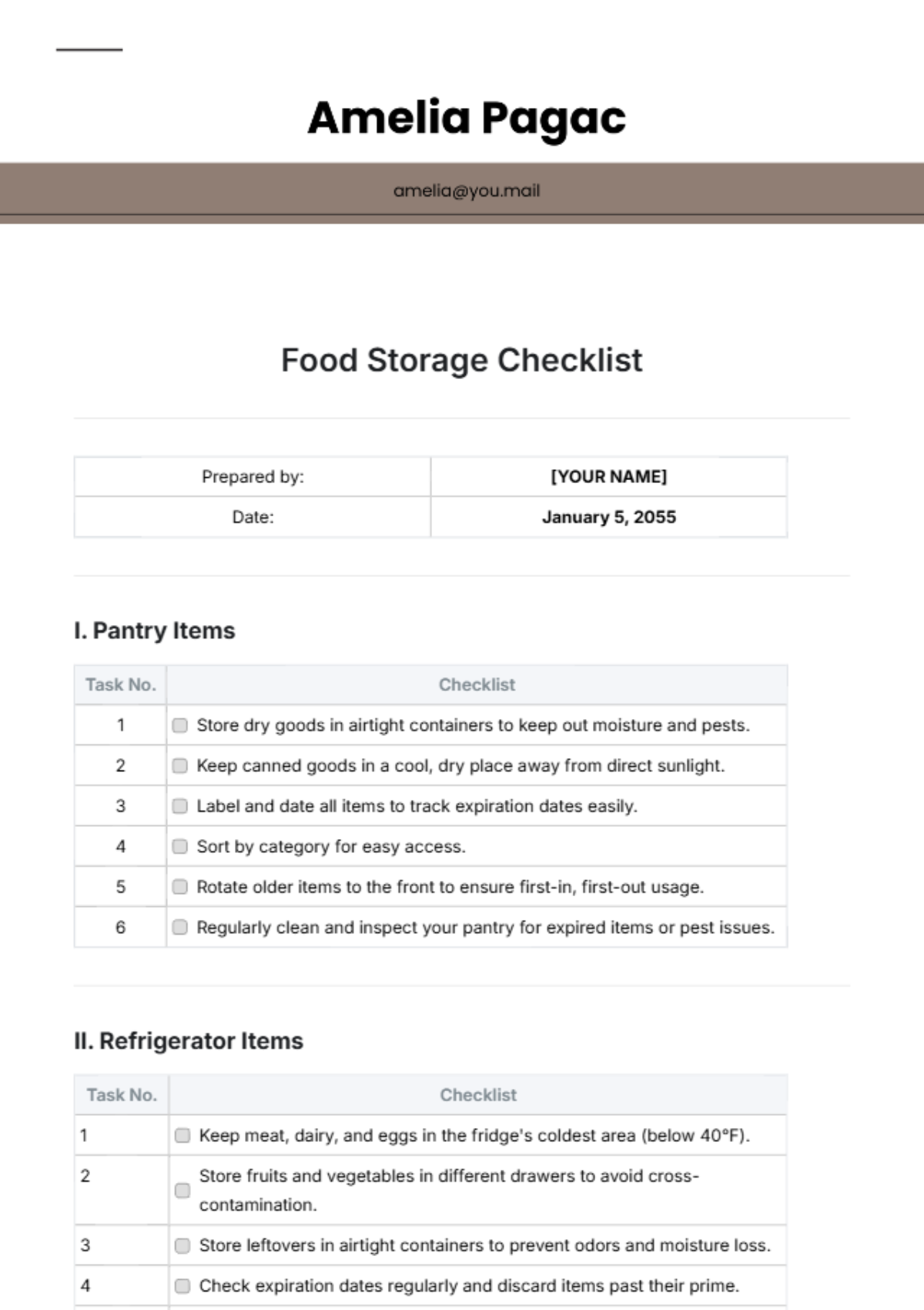 Food Storage Checklist Template - Edit Online & Download