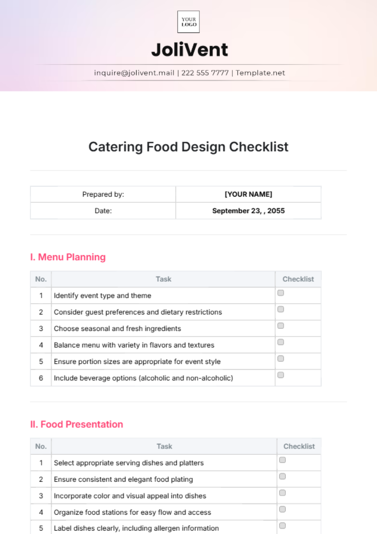 Catering Food  Design Checklist Template - Edit Online & Download