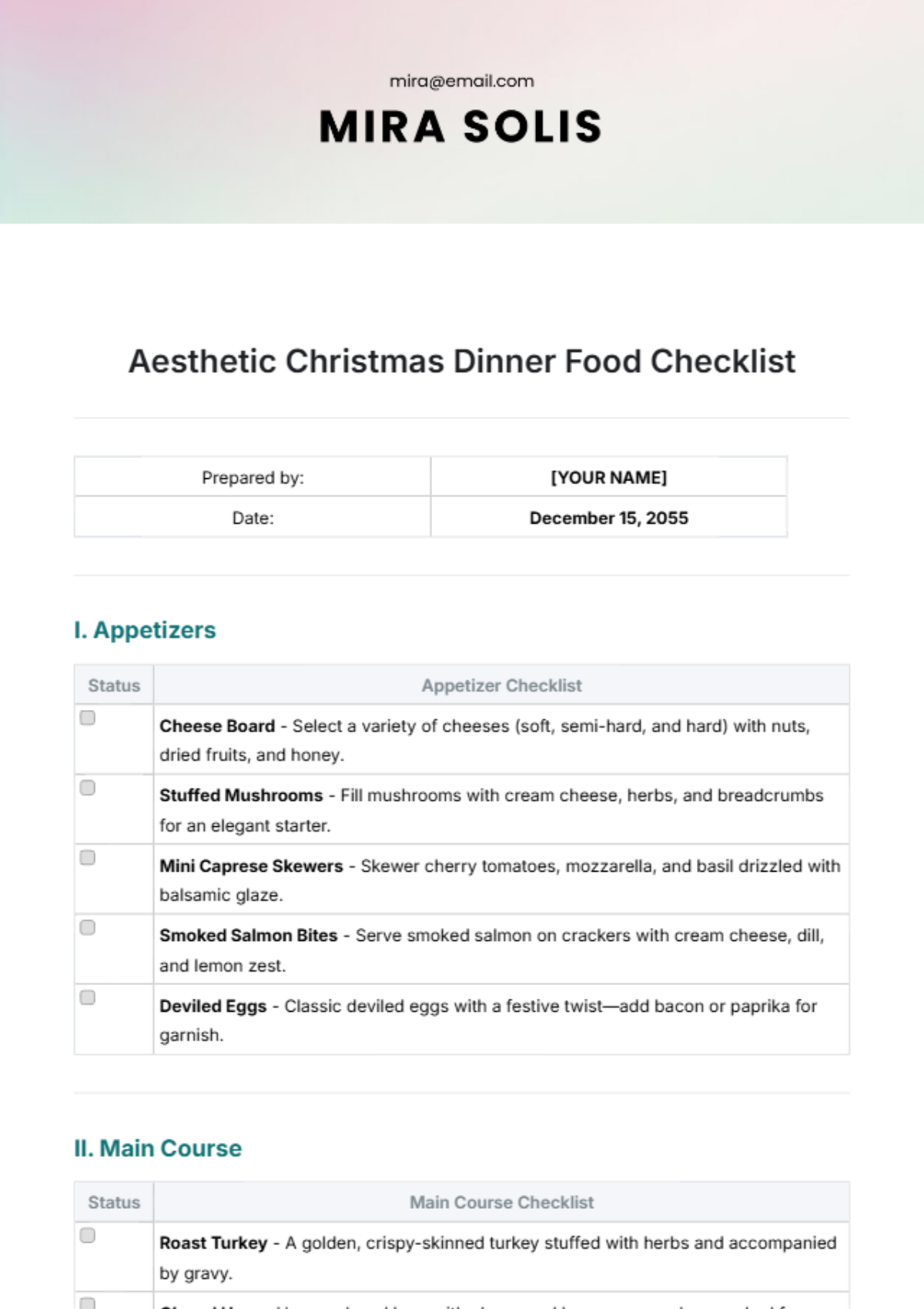 Aesthetic Christmas Dinner Food Checklist Template - Edit Online & Download