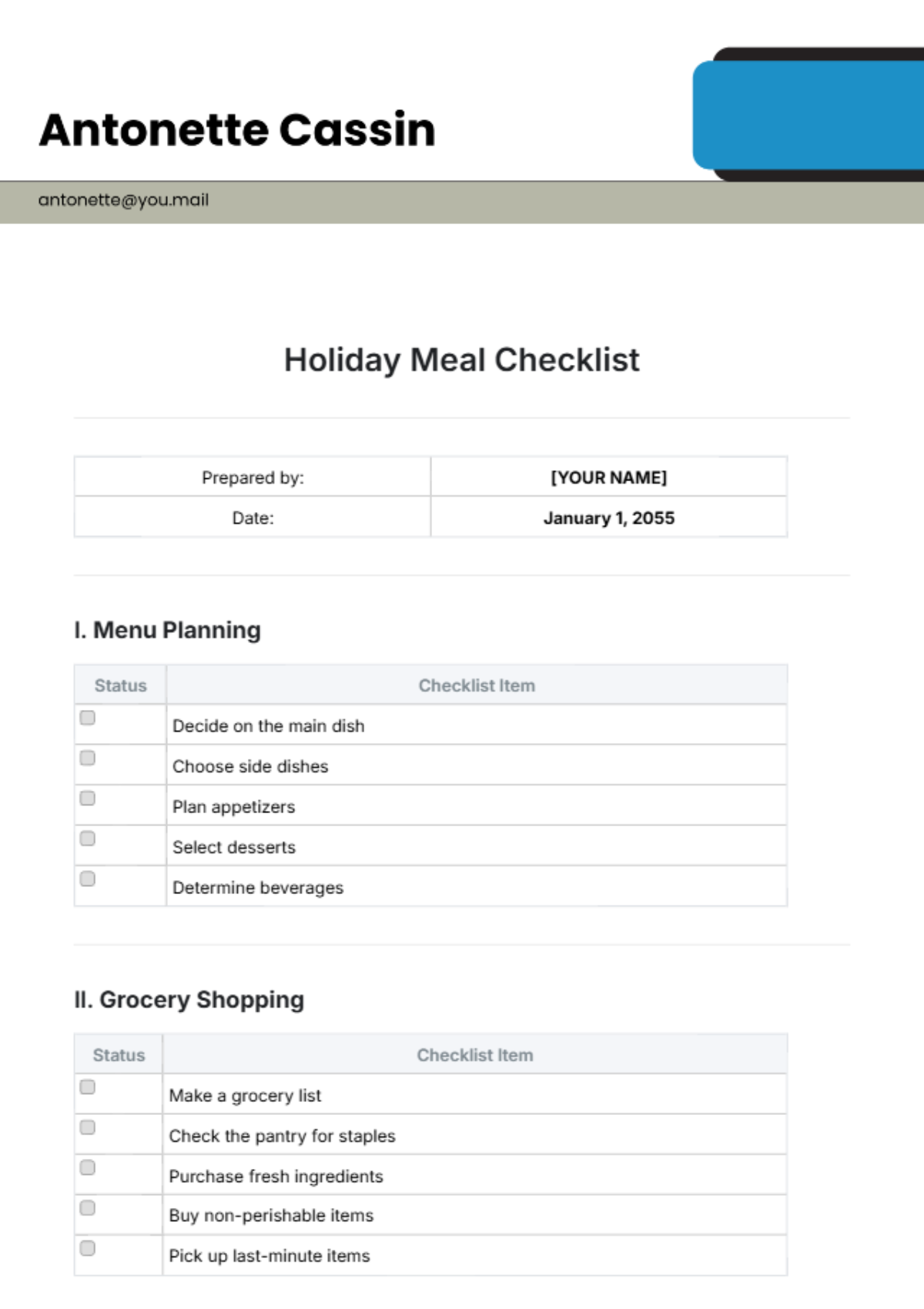 Holiday Meal Checklist Template - Edit Online & Download