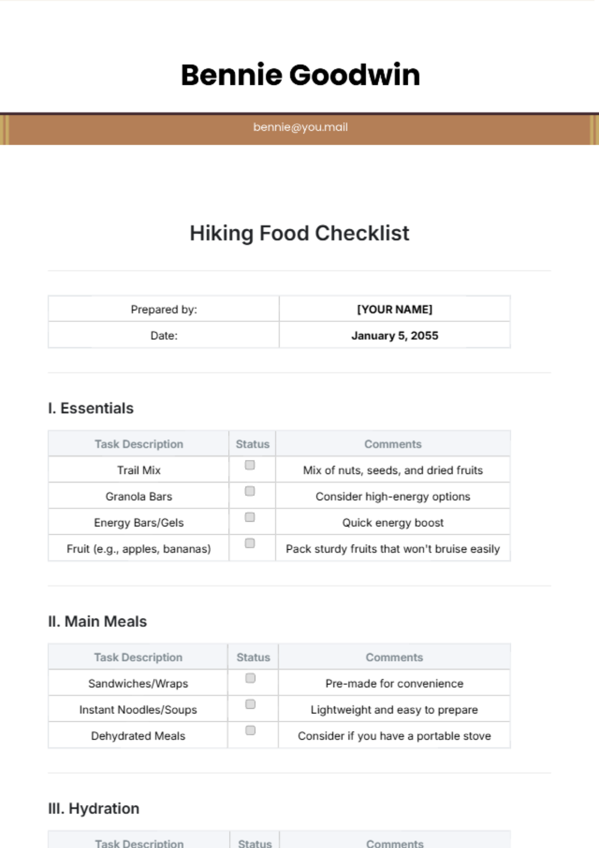 Hiking Food Checklist Template - Edit Online & Download