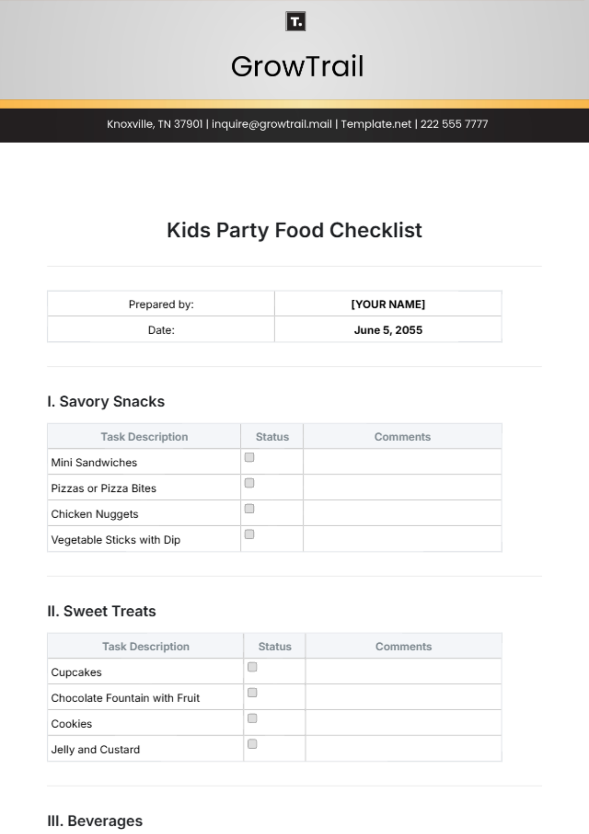 Kids Party Food Checklist Template - Edit Online & Download