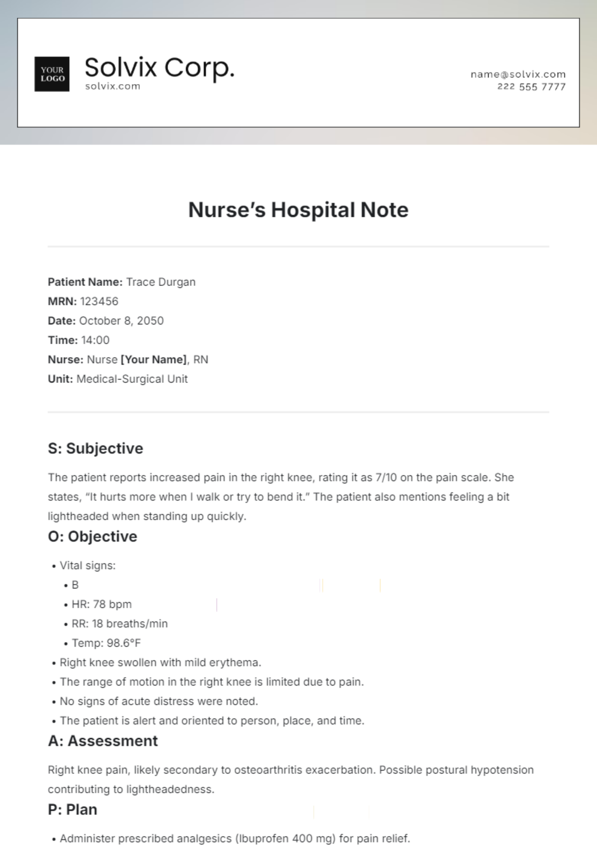 Nurse’s Hospital Note Template - Edit Online & Download