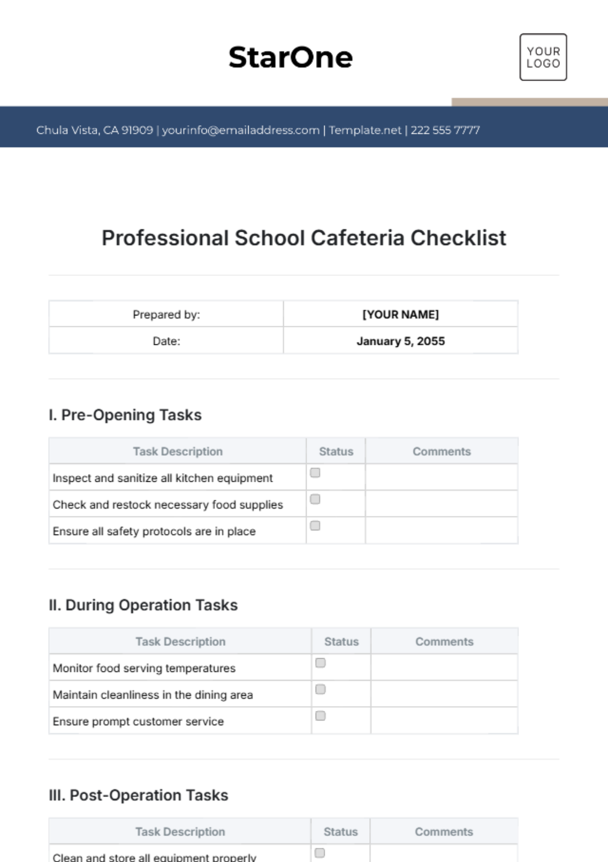 Professional School Cafeteria Checklist Template - Edit Online & Download