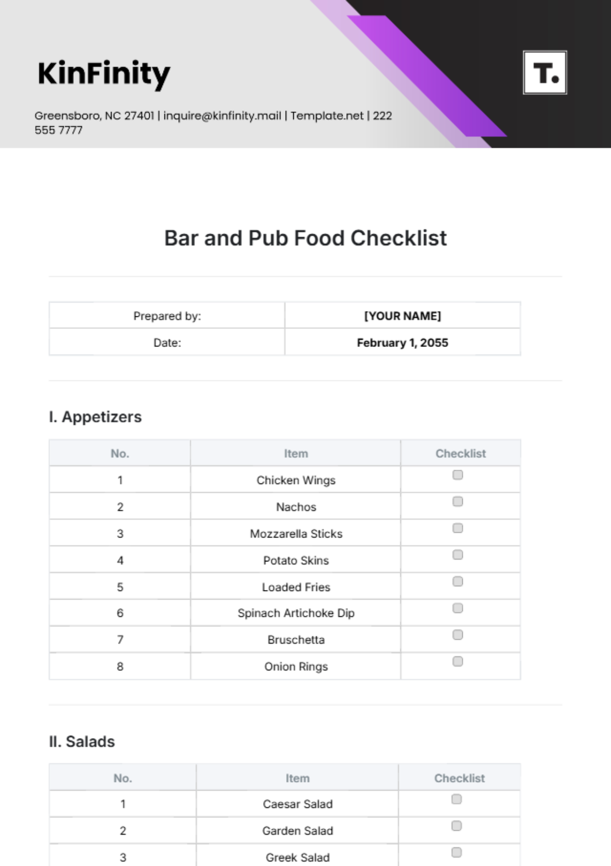 Bar and Pub Food Checklist Template - Edit Online & Download