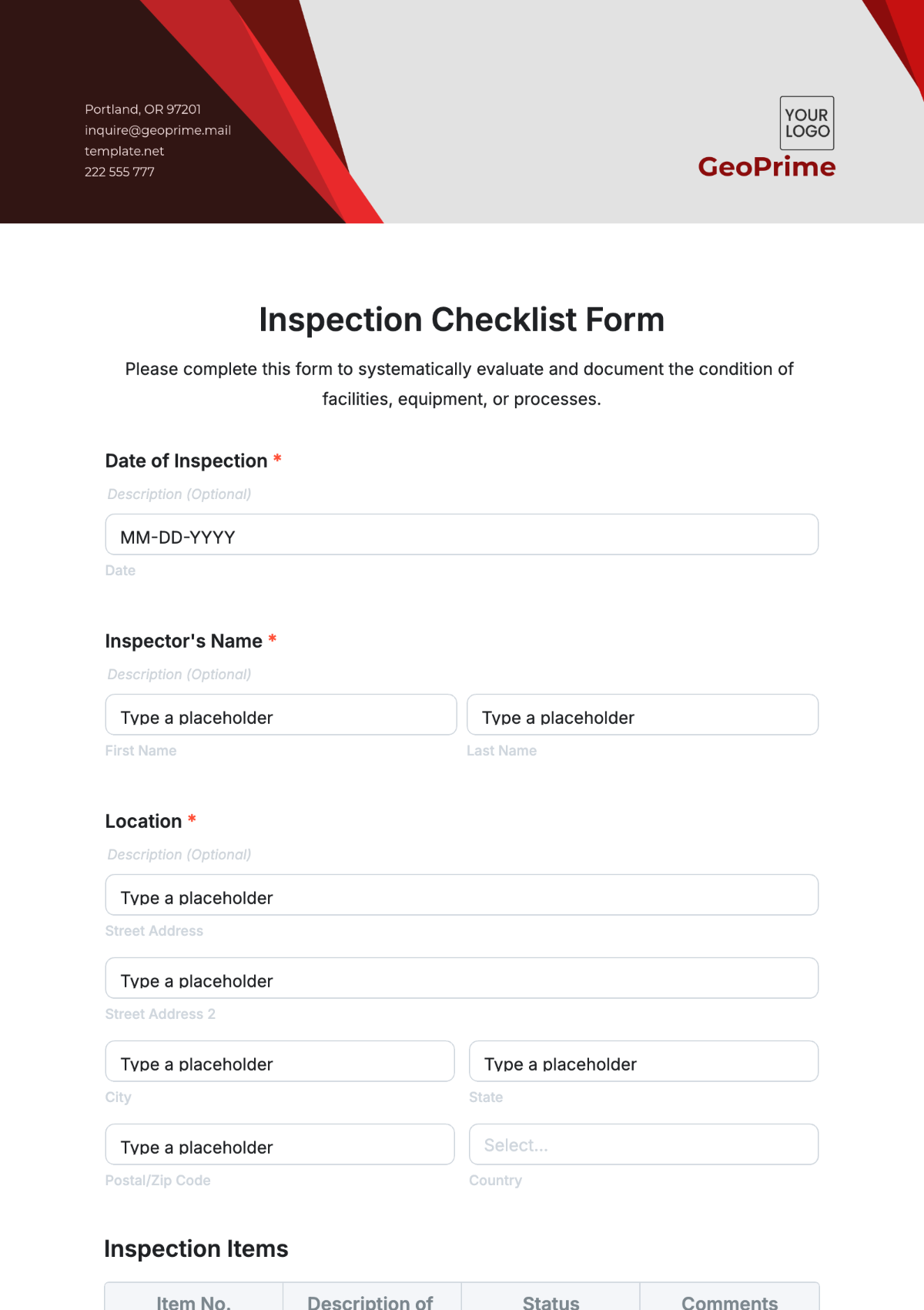 Inspection Checklist Form Template - Edit Online & Download