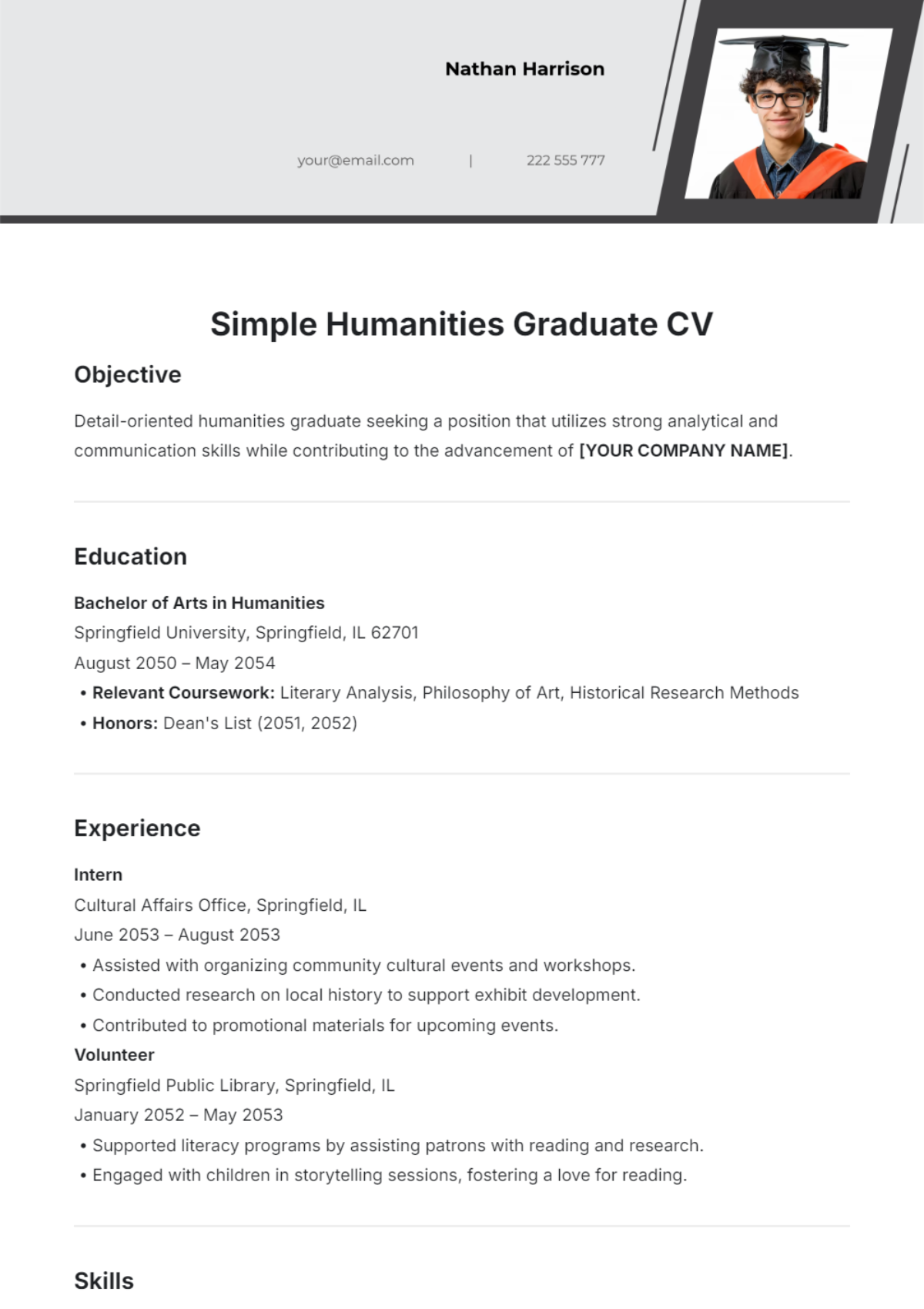 Simple Humanities Graduate CV Template - Edit Online & Download