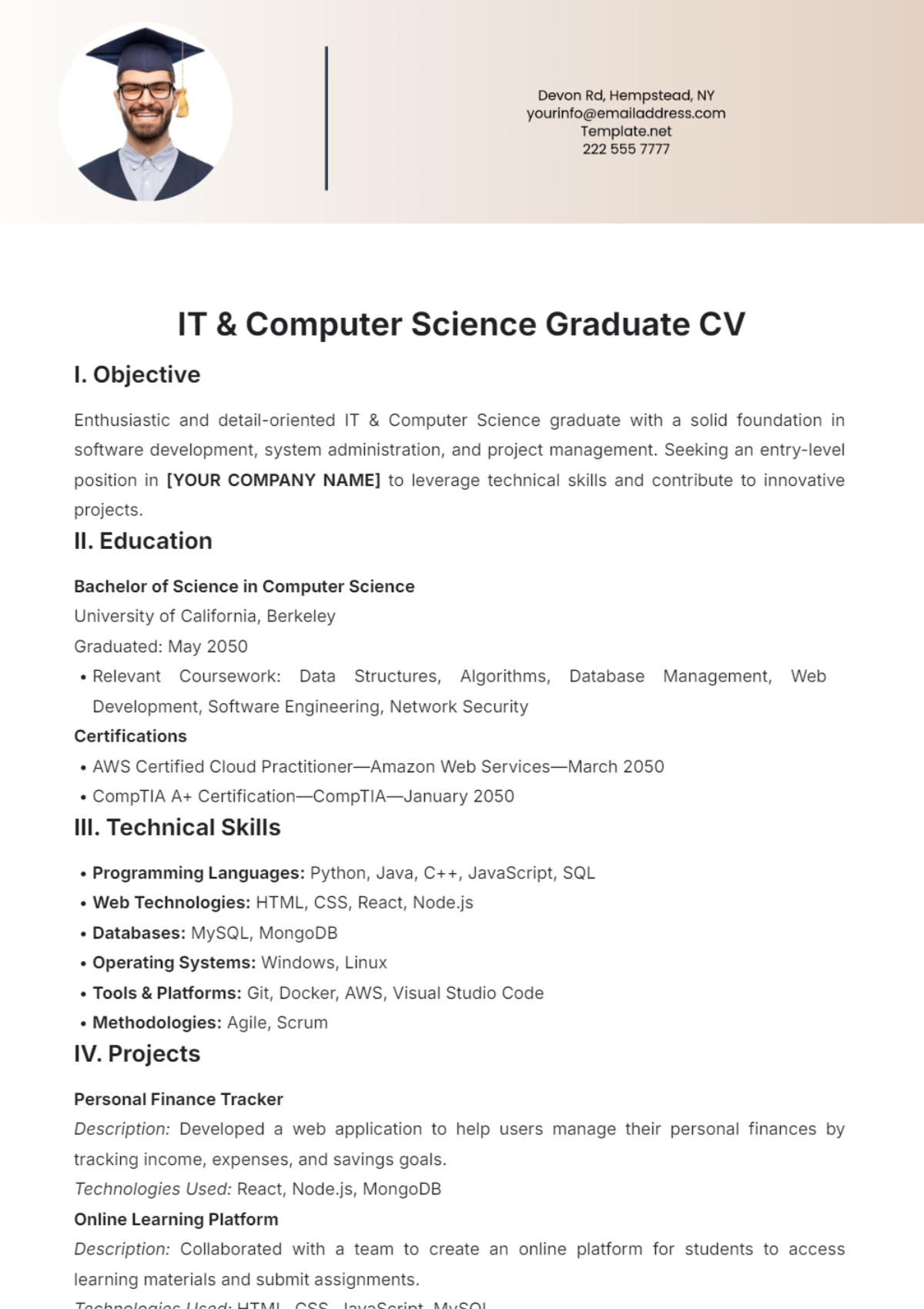 IT & Computer Science Graduate CV Template - Edit Online & Download