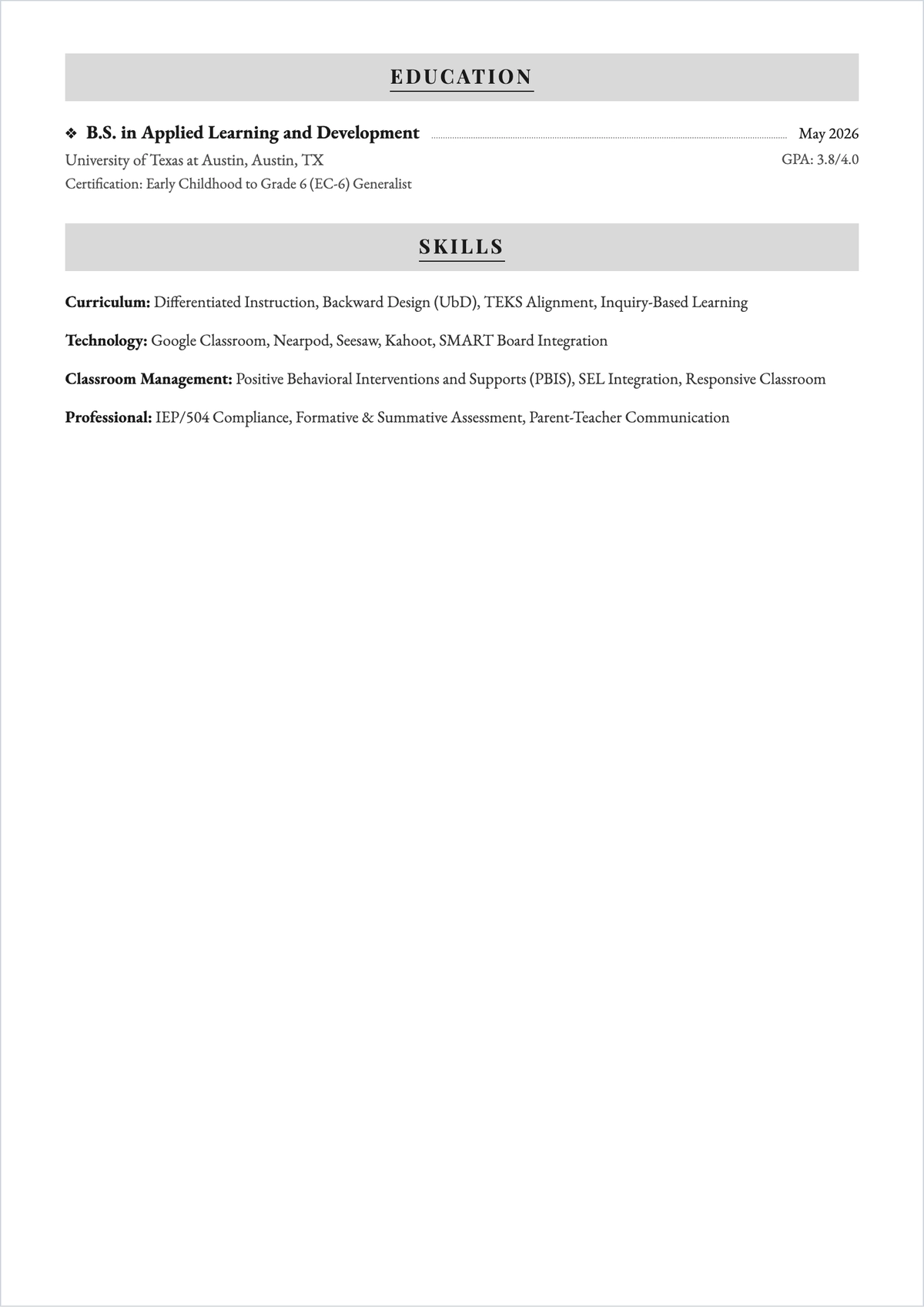 Free Professional Education Graduate ATS CV Template, AI CV Builder