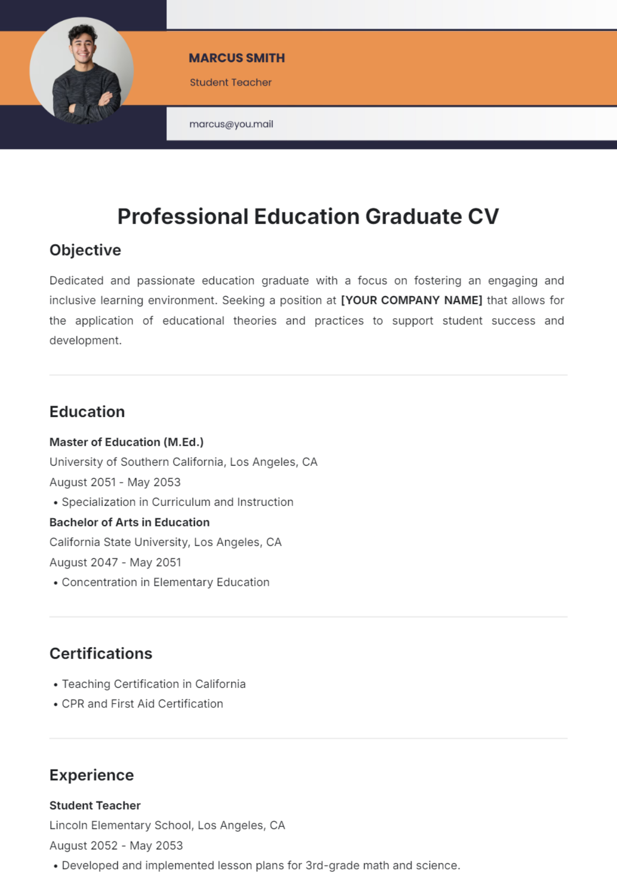 Professional Education Graduate CV Template - Edit Online & Download