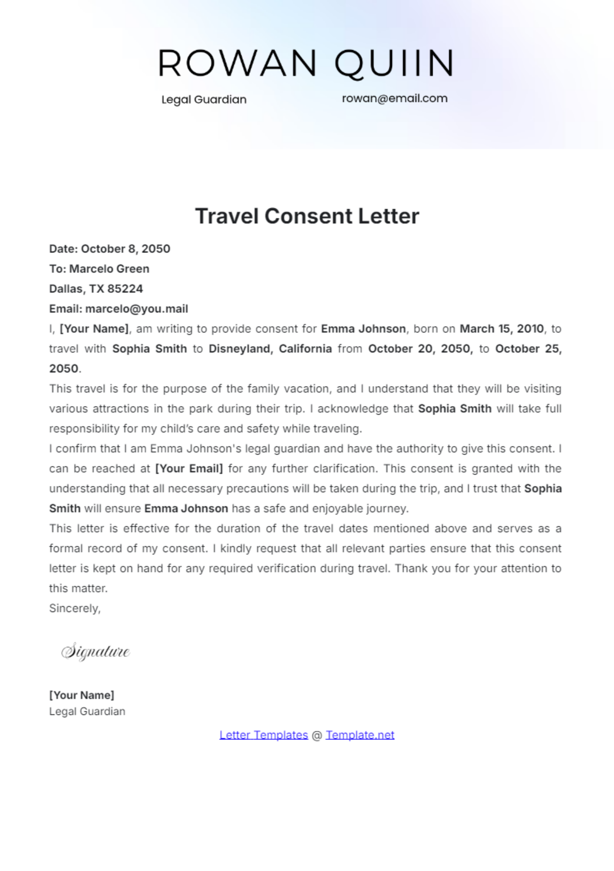 Travel Consent Letter Template - Edit Online & Download