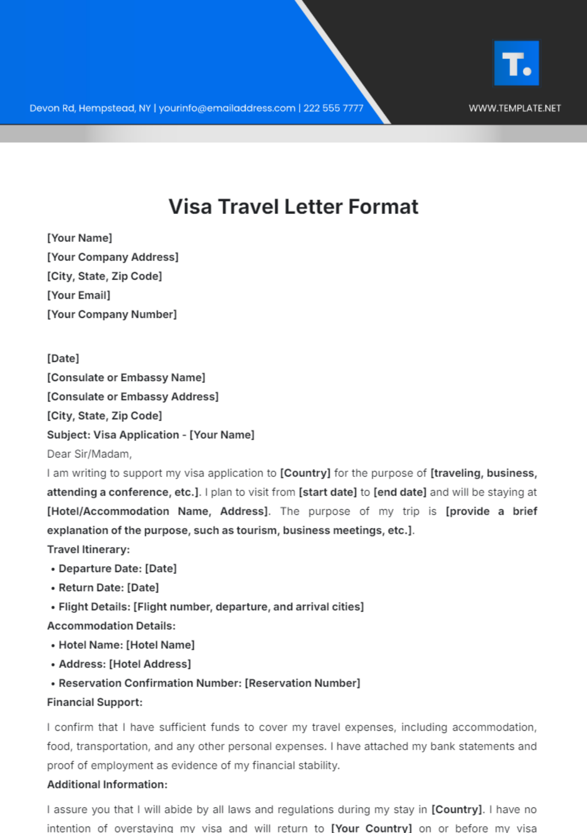 Visa Travel Letter Format Template - Edit Online & Download