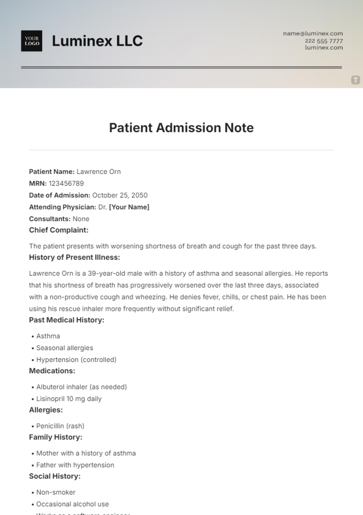 Free Patient Admission Note Template