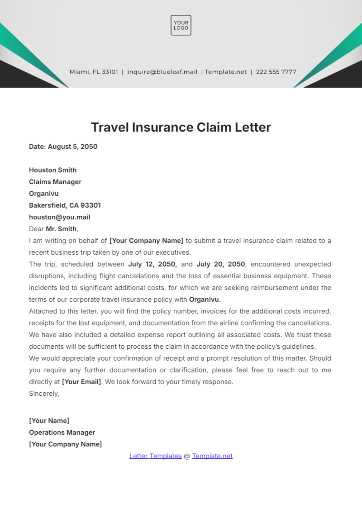 Travel Insurance Claim Letter Template - Edit Online & Download