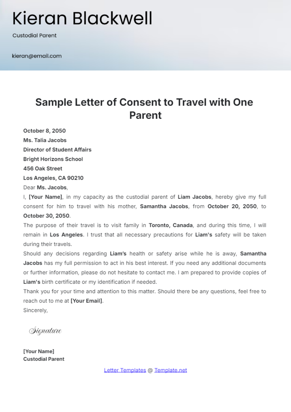 Sample Letter of Consent to Travel with One Parent Template - Edit Online & Download