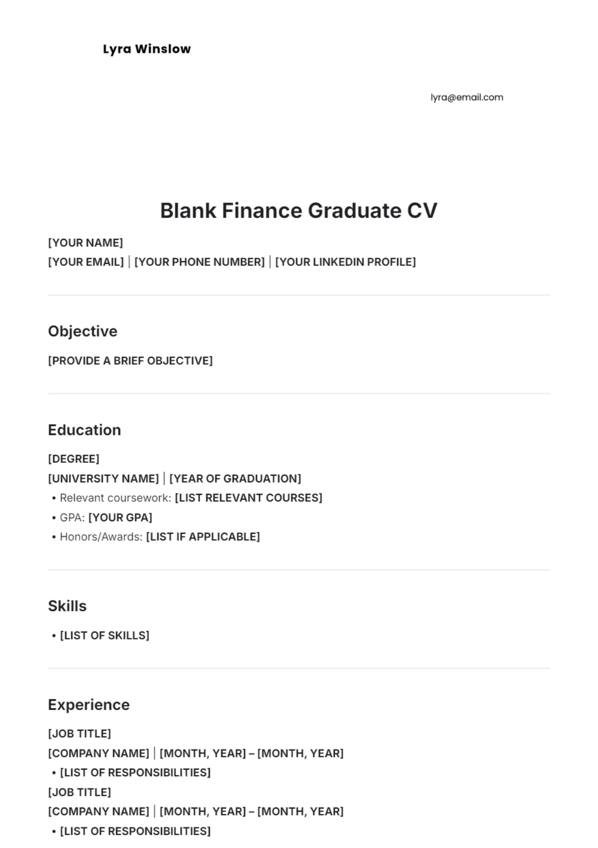 Blank Finance Graduate CV Template - Edit Online & Download