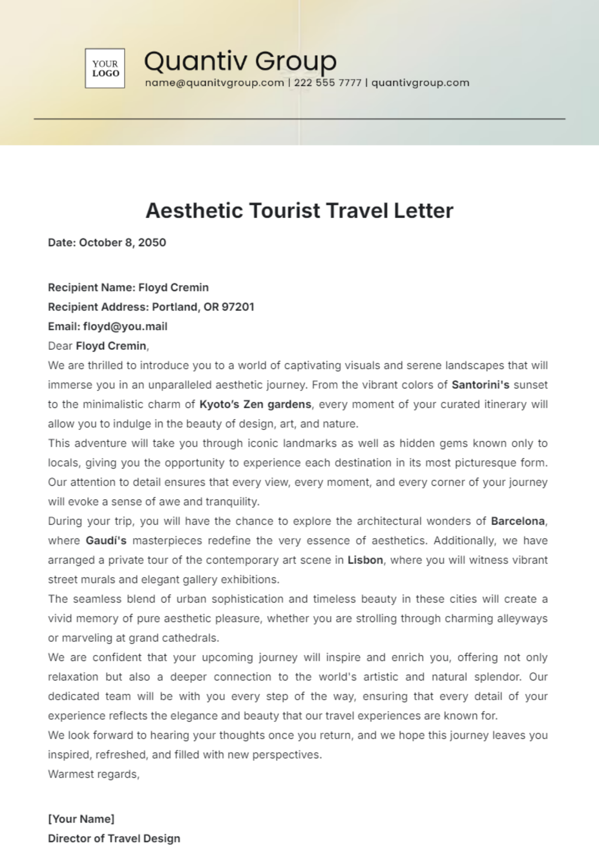 Aesthetic Tourist Travel Letter Template - Edit Online & Download