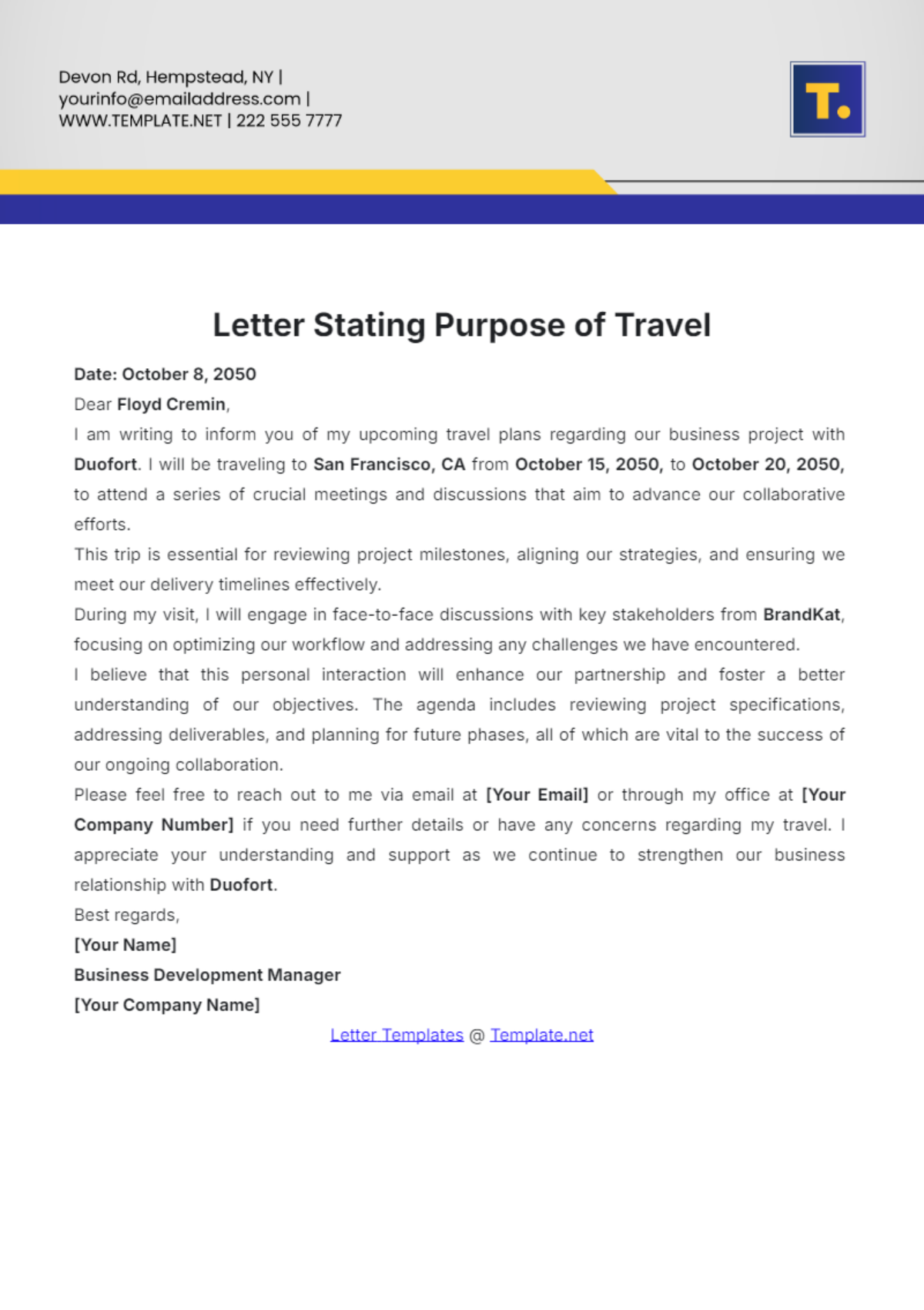 Letter Template Stating Purpose of Travel - Edit Online & Download