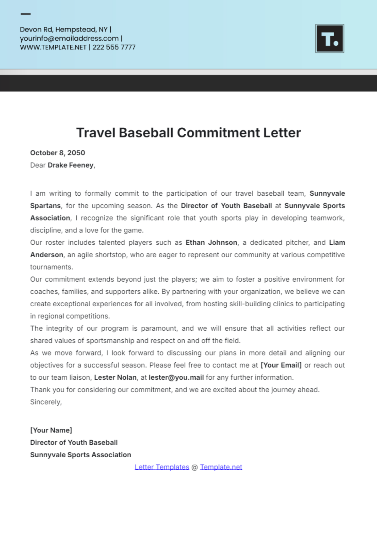 Travel Baseball Commitment Letter Template - Edit Online & Download