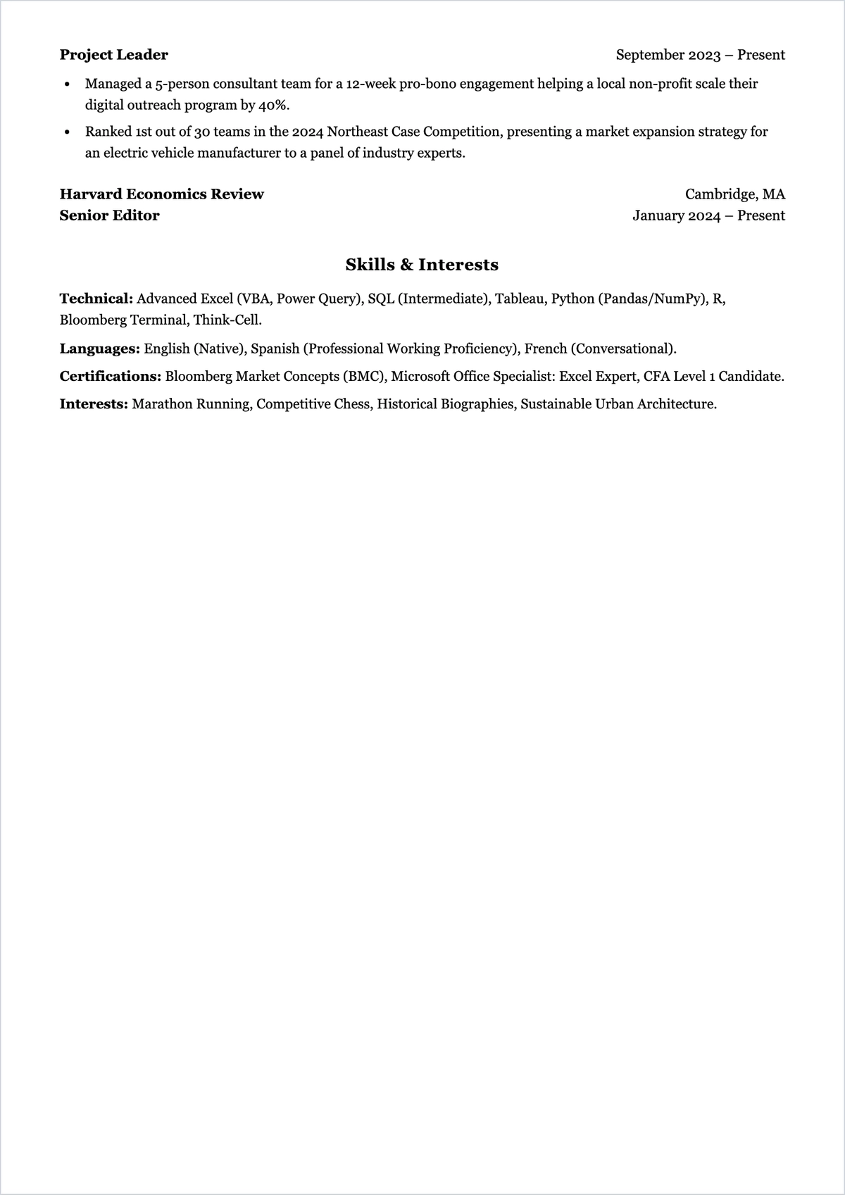 Free Printable Consulting Graduate ATS CV Template, AI CV Builder