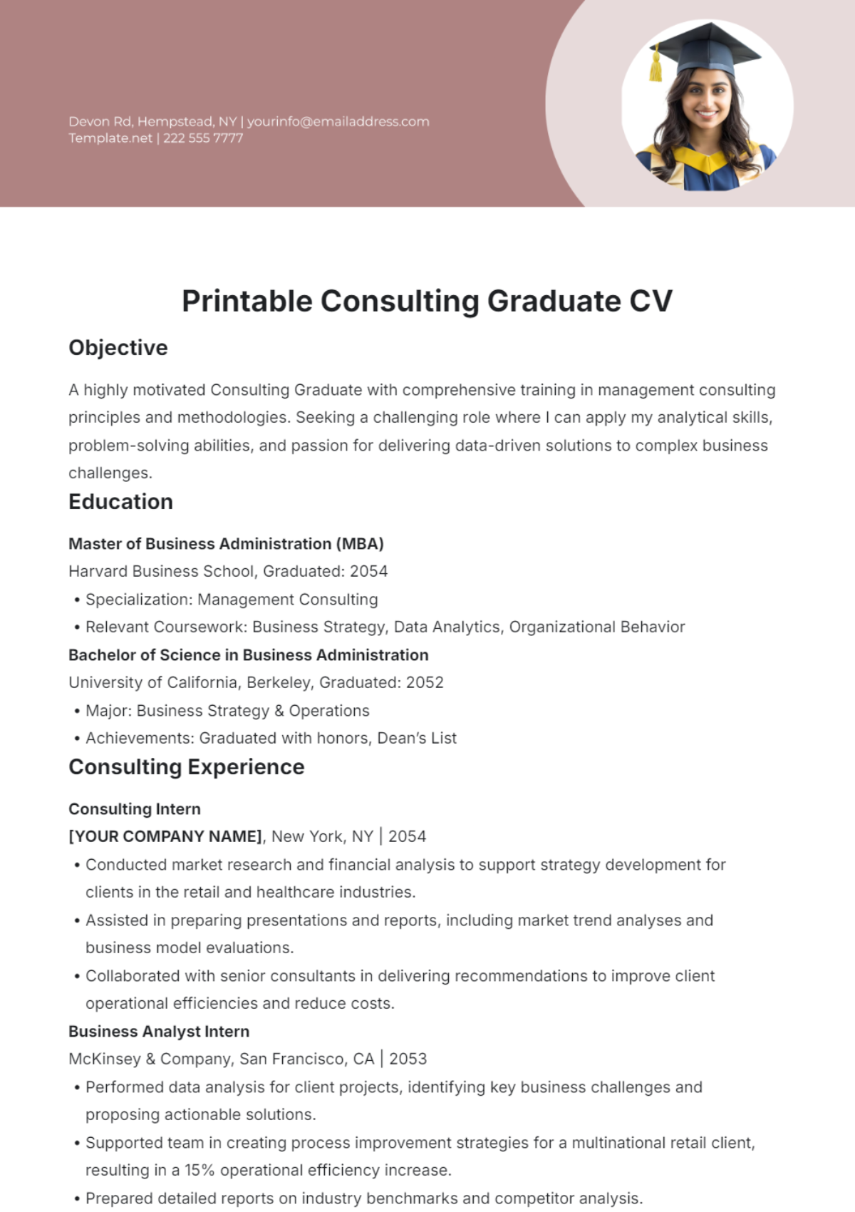 Printable Consulting Graduate CV Template - Edit Online & Download