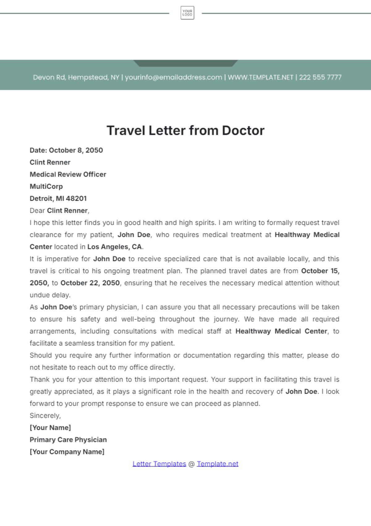 Travel Letter from Doctor Template - Edit Online & Download