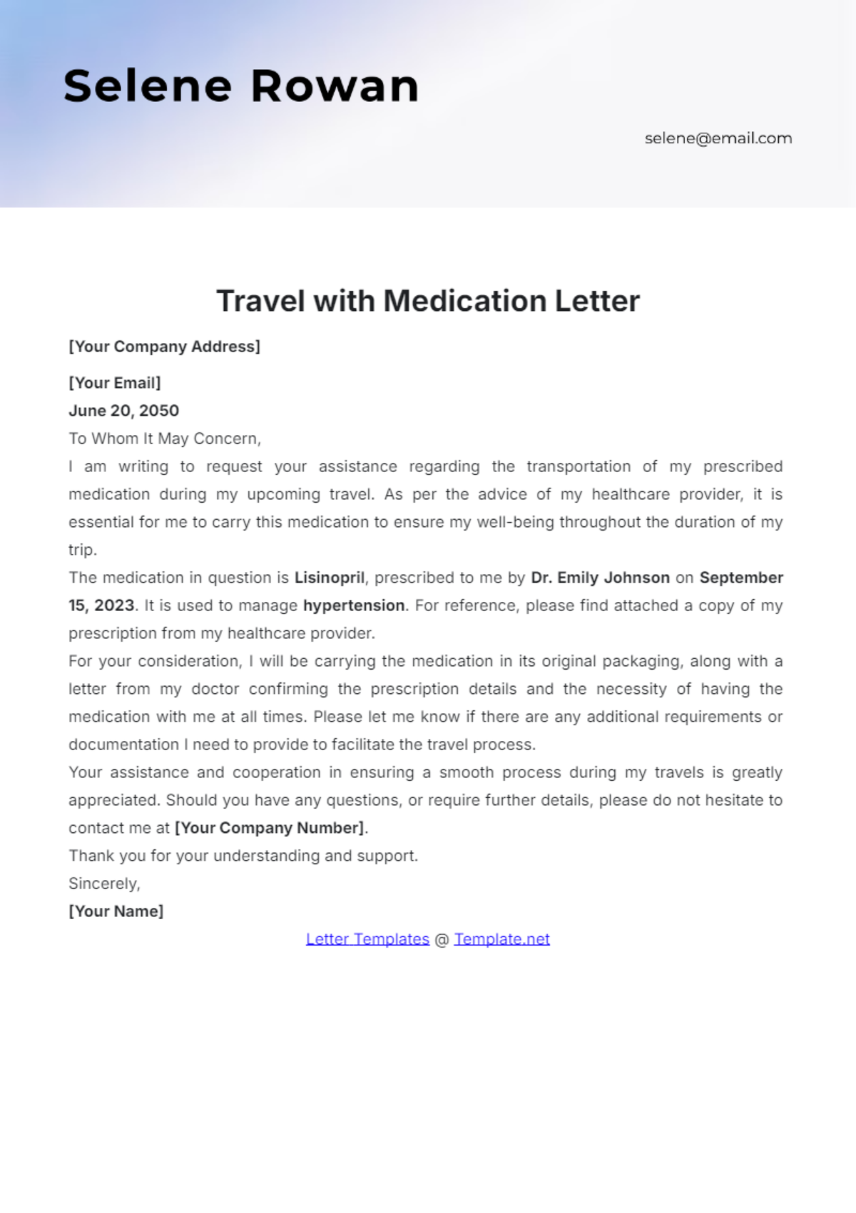 Travel with Medication Letter Template - Edit Online & Download