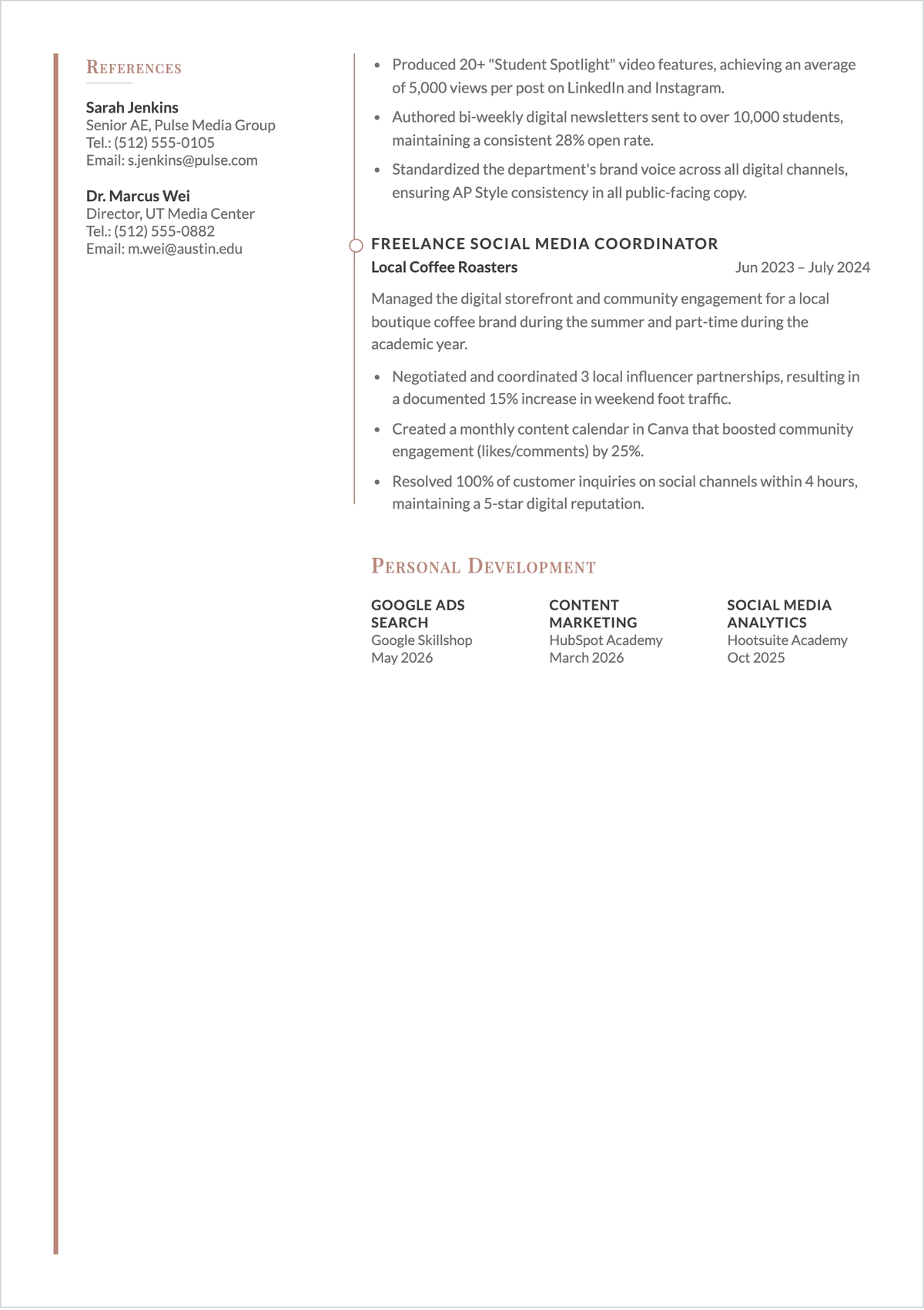 Free Media and Communications Graduate ATS CV Template, AI CV Builder