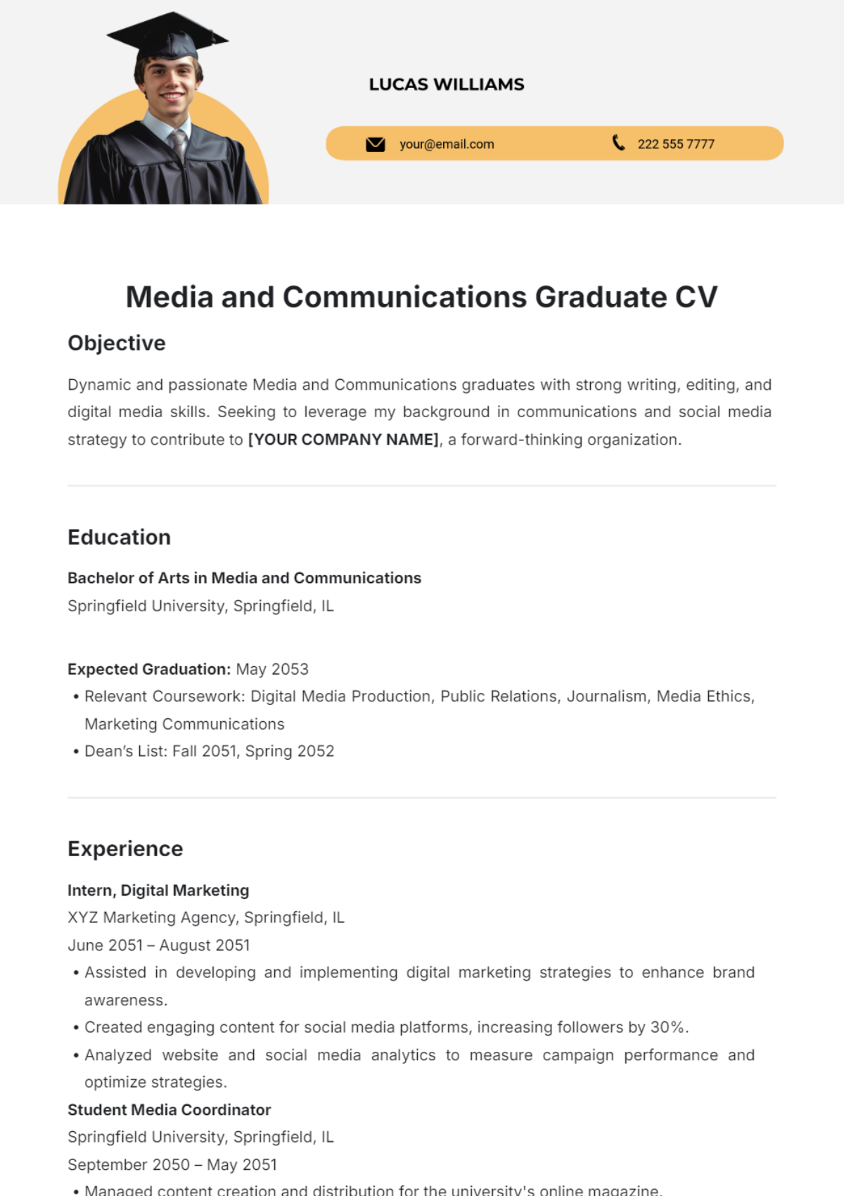 Media and Communications Graduate CV Template - Edit Online & Download