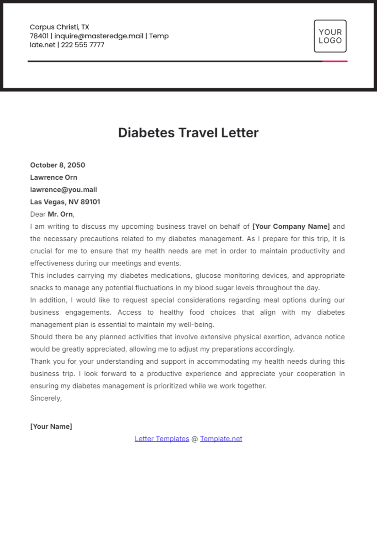 Diabetes Travel Letter Template - Edit Online & Download