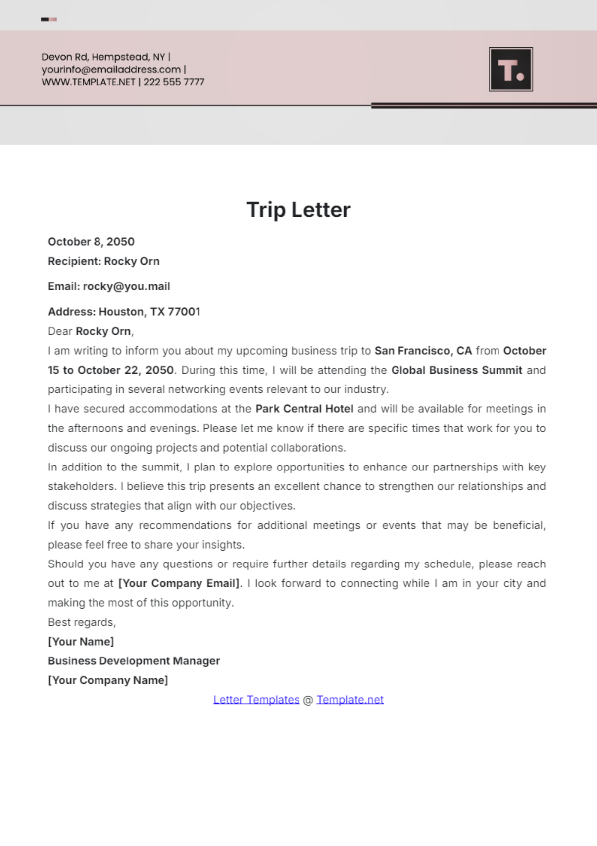 Trip Letter Template - Edit Online & Download