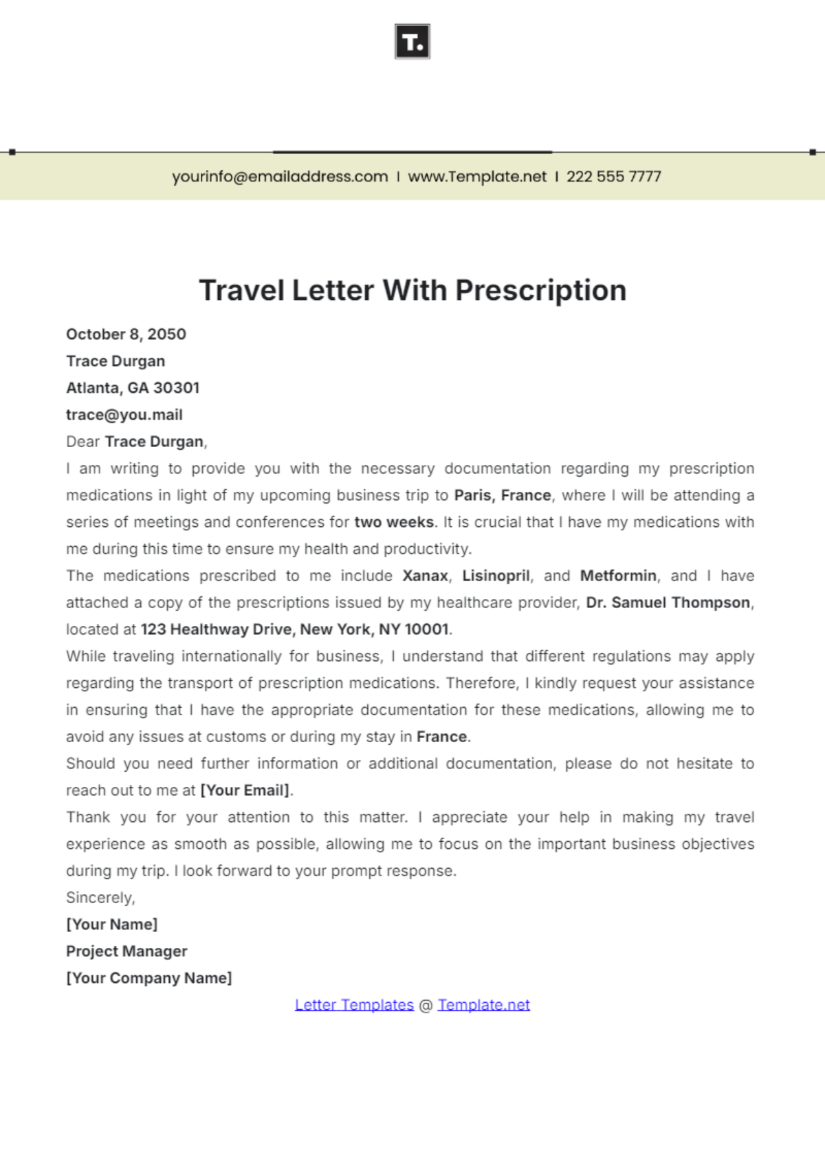 Travel Letter with Prescription Template - Edit Online & Download