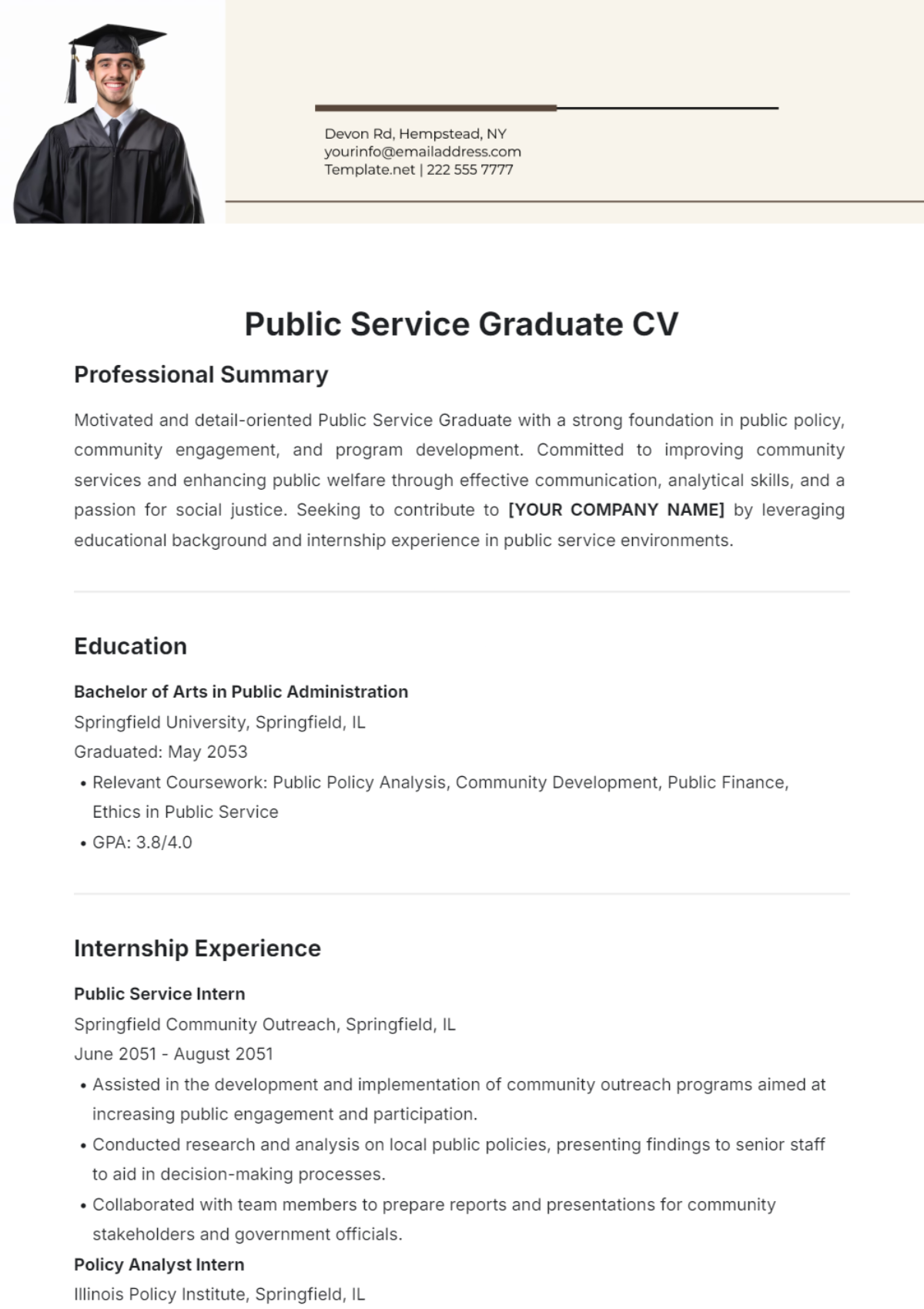 Public Service Graduate CV Template - Edit Online & Download