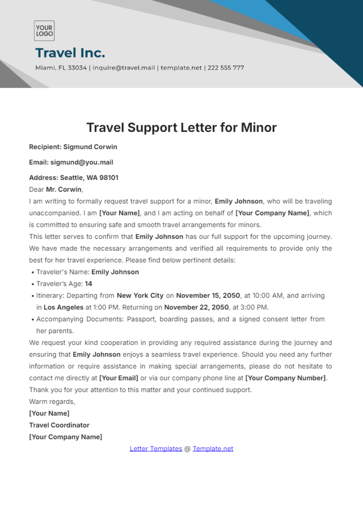 Travel Support Letter for Minor Template - Edit Online & Download