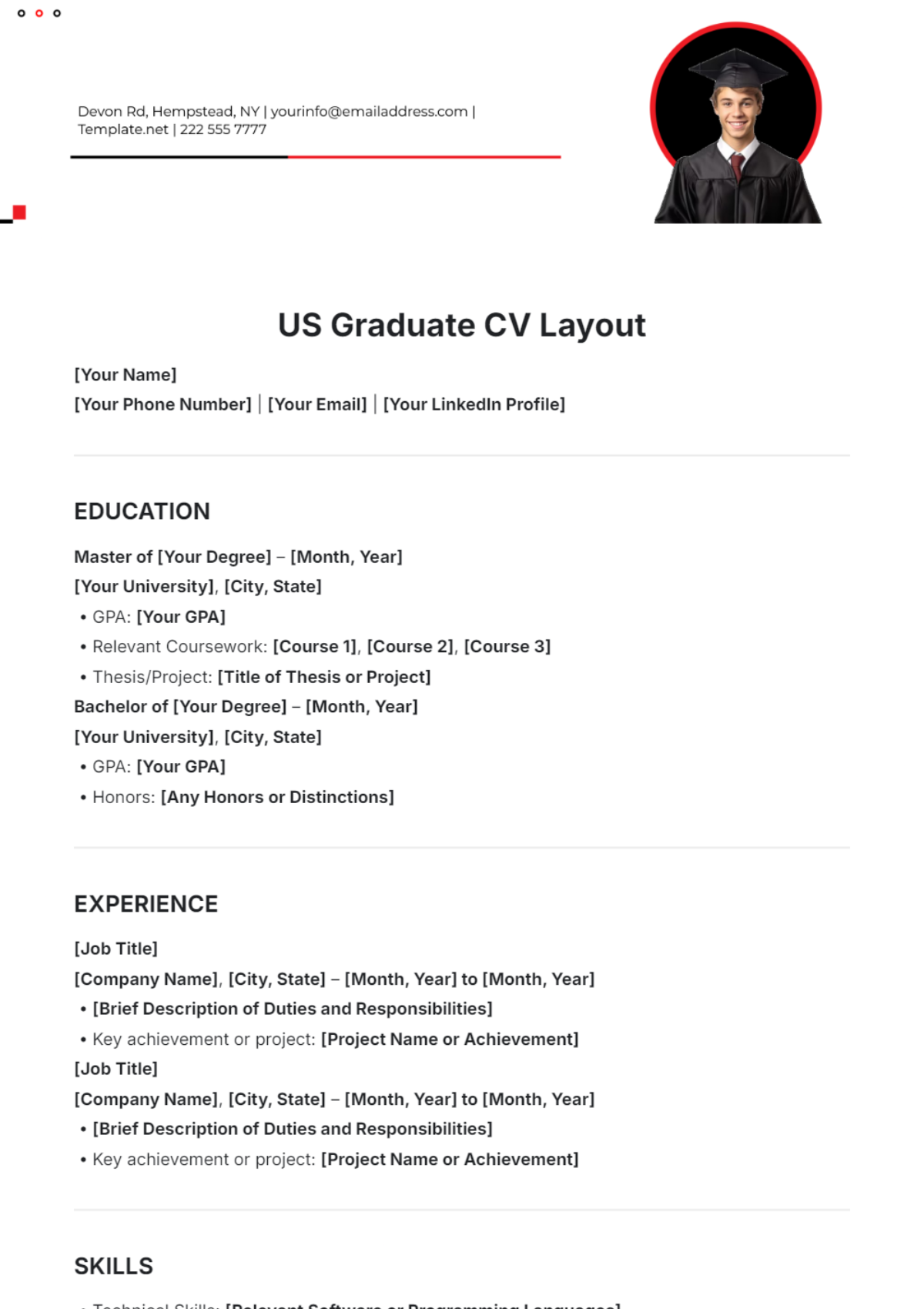 US Graduate CV Layout Template - Edit Online & Download