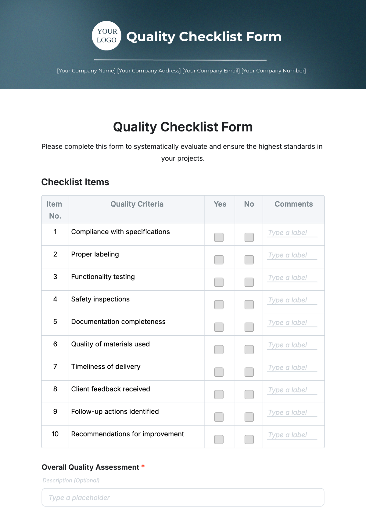 Quality Checklist Form Template - Edit Online & Download