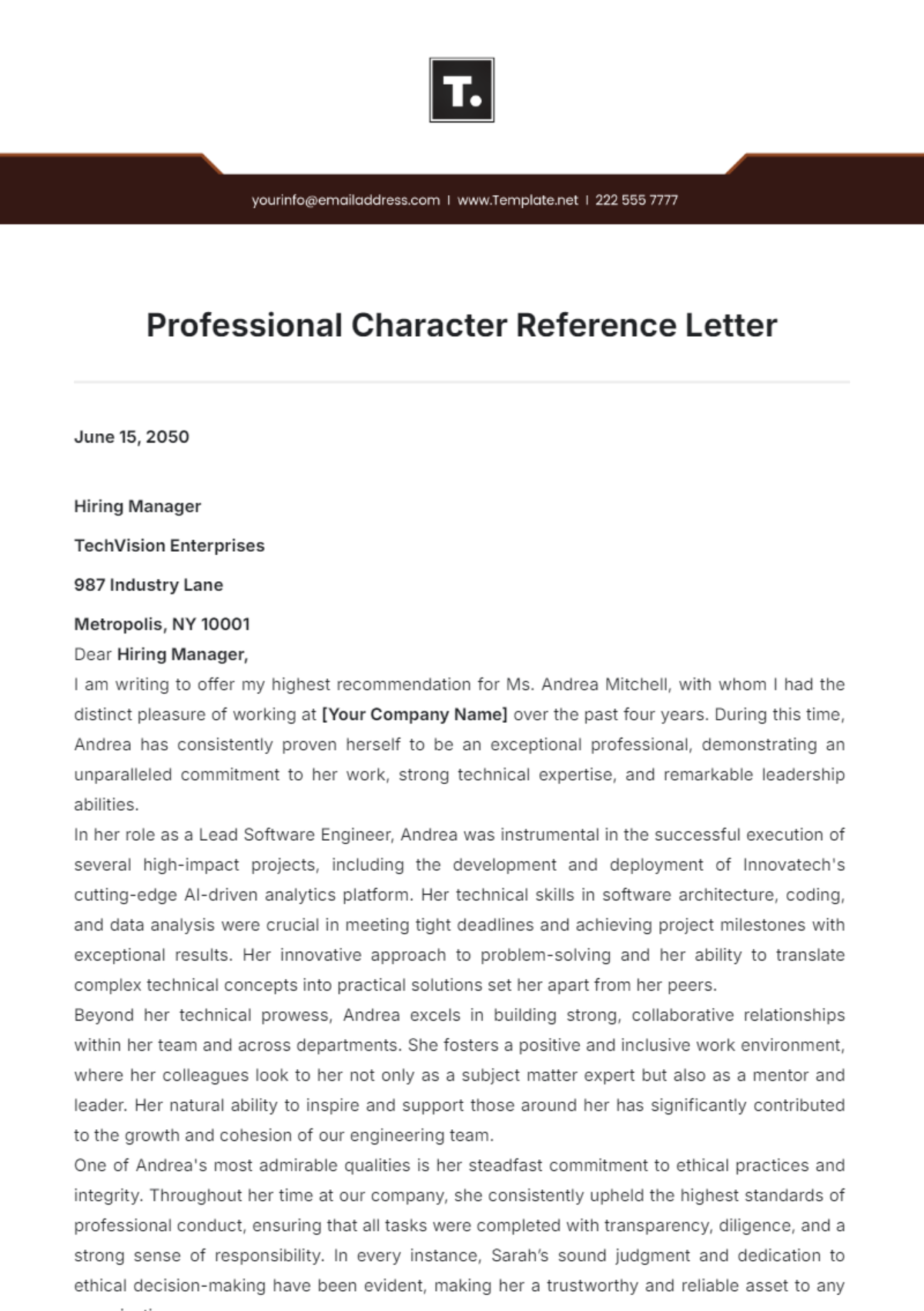 Free Professional Character Reference Letter Template - Edit Online ...