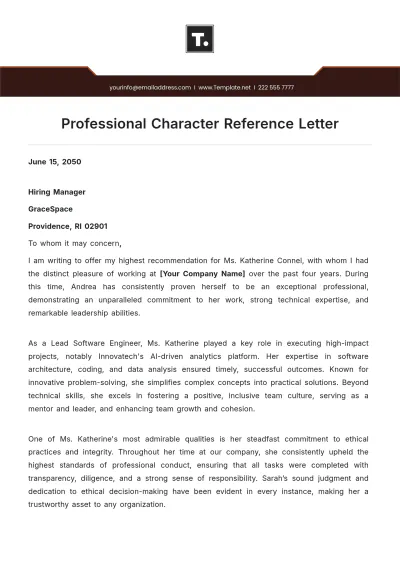 Free Professional Character Reference Letter Template to Edit Online