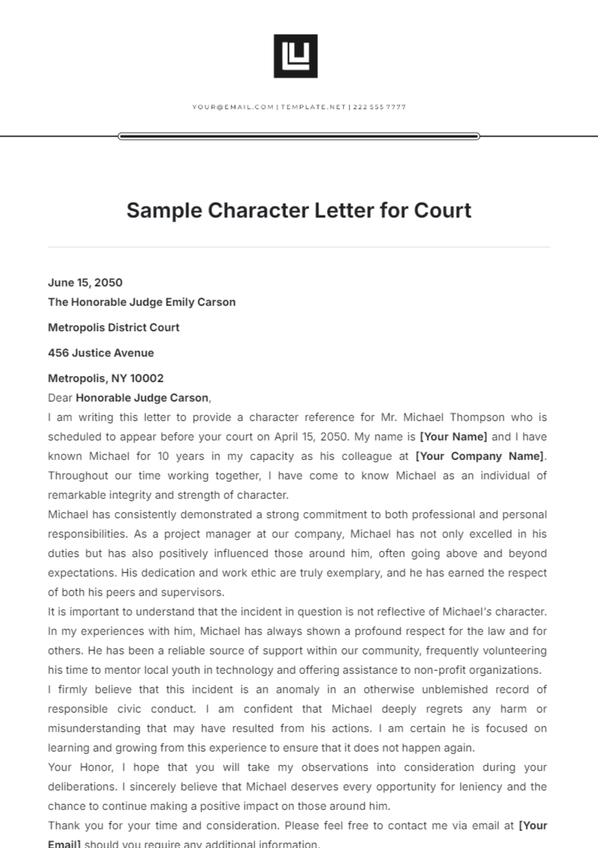 Sample Character Letter for Court Template - Edit Online & Download