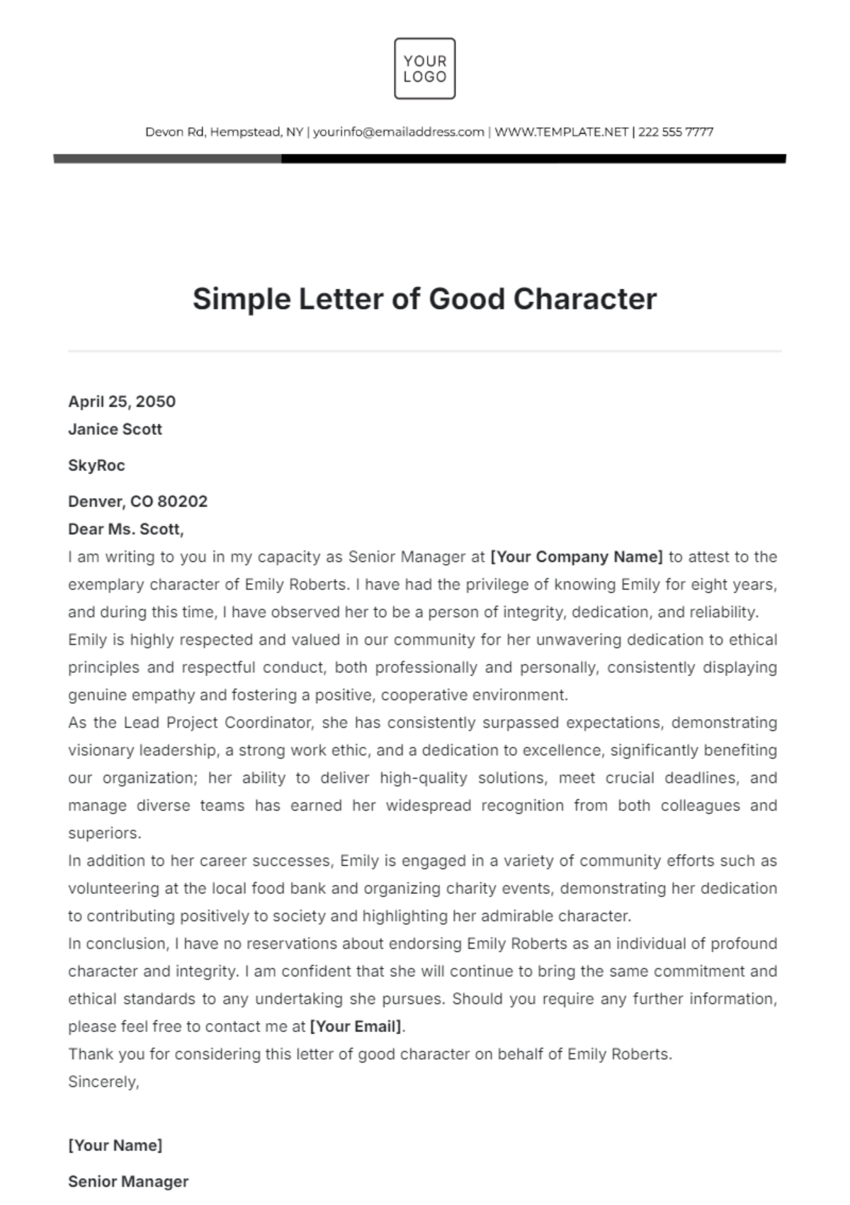 Simple Letter of Good Character Template - Edit Online & Download